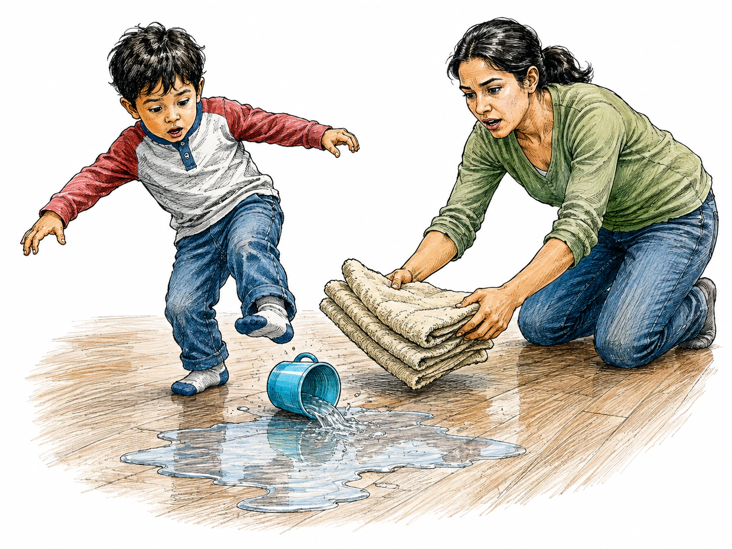 A child knocks over a full cup, and a spreading puddle immediately makes the nearby adult move towels toward the spill as the result of that action.
