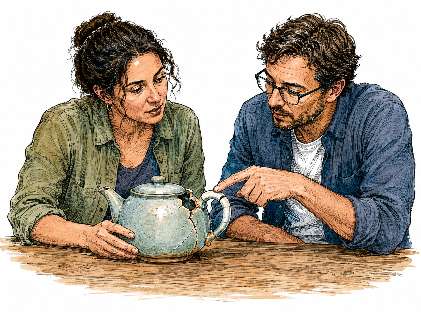 After one person places a broken teapot on the table, another points to its cracked handle and discusses that part of the same teapot.