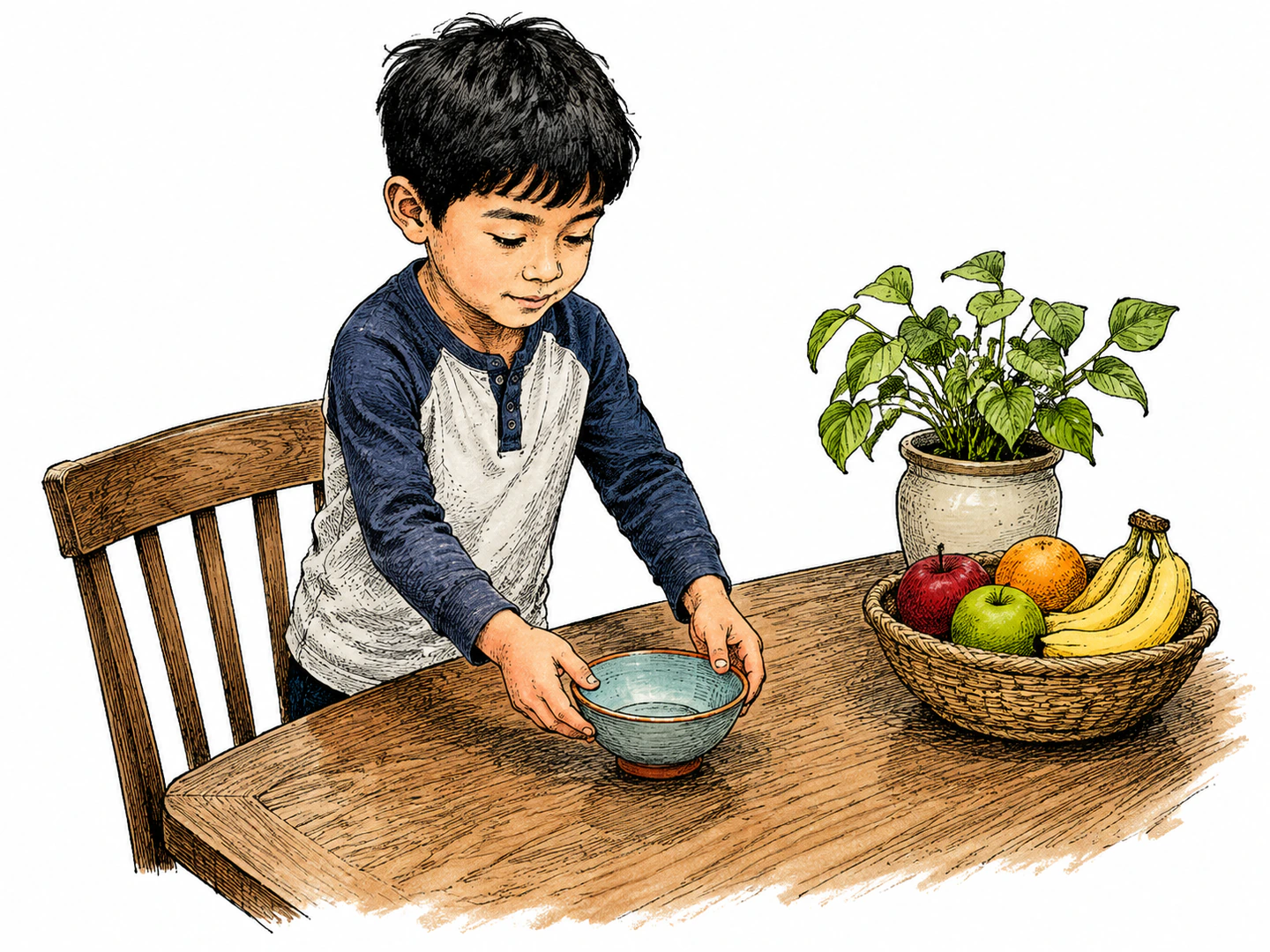 A child places a small bowl directly on a table, and the bowl remains visibly on that surface while other objects sit elsewhere.