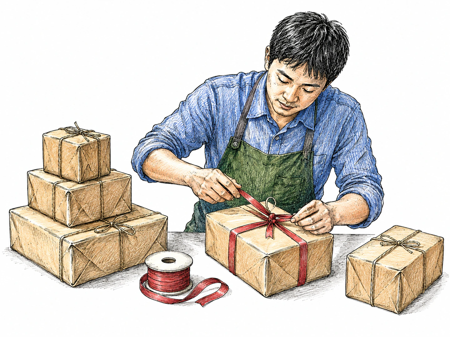 A clerk holds a ribbon beside several parcels but deliberately ties it to one specific sealed parcel, making the action directed to that particular thing visible.