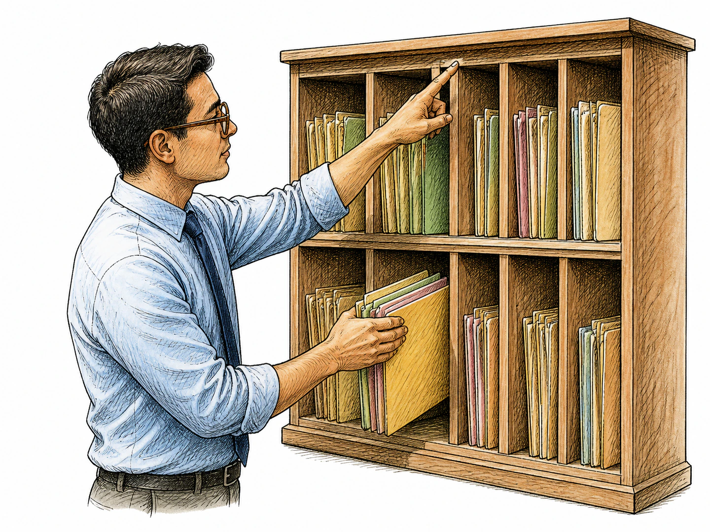 A clerk points to a raised category marker on a filing shelf and places related folders directly in the compartment beneath that same marker.