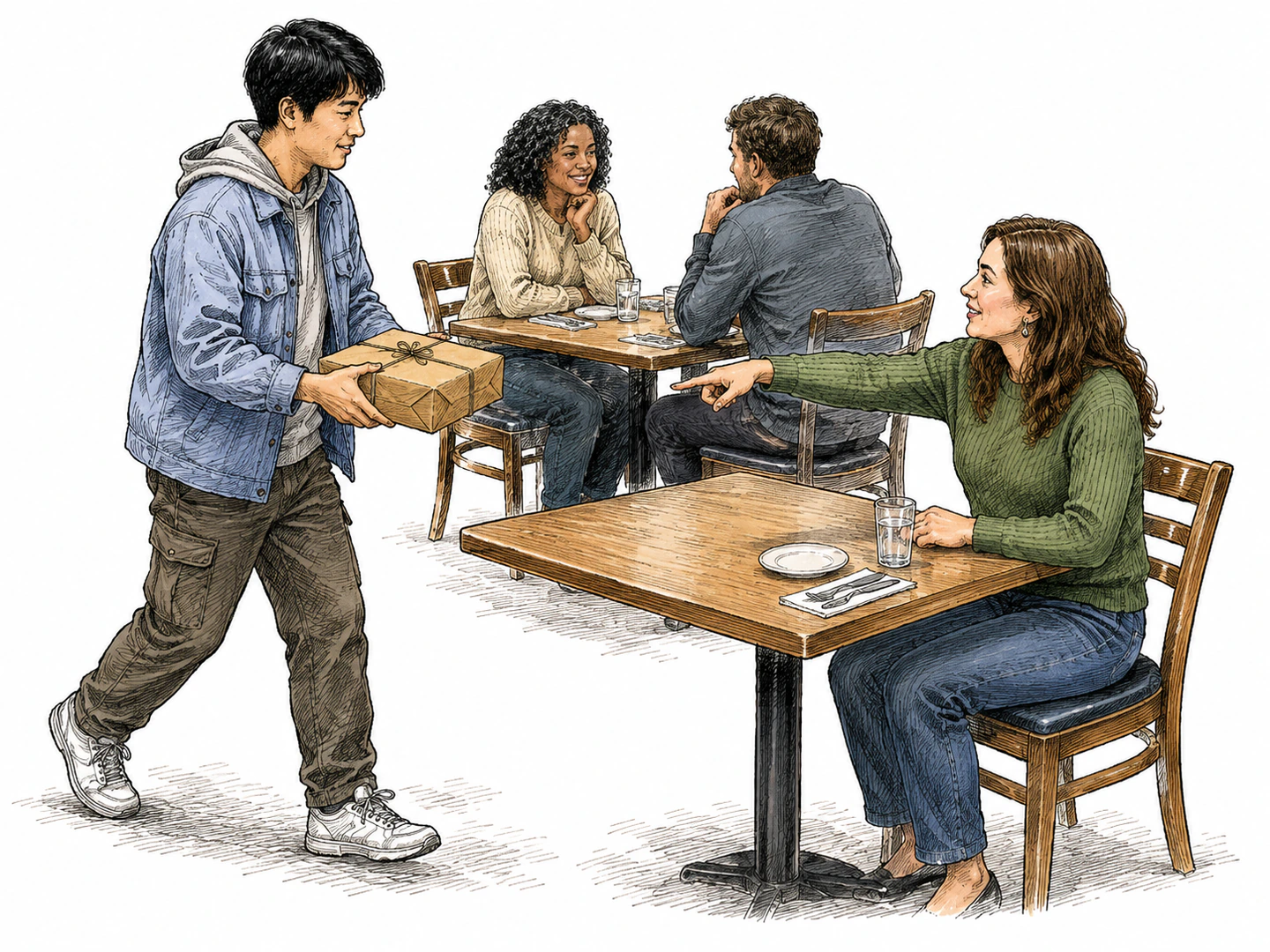 A messenger carries a sealed parcel directly to the one clearly indicated table where the recipient is pointing.