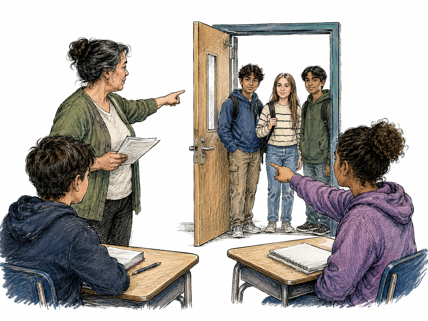 After a teacher points out three students by the door, another student gestures back toward the same group as the people already indicated.