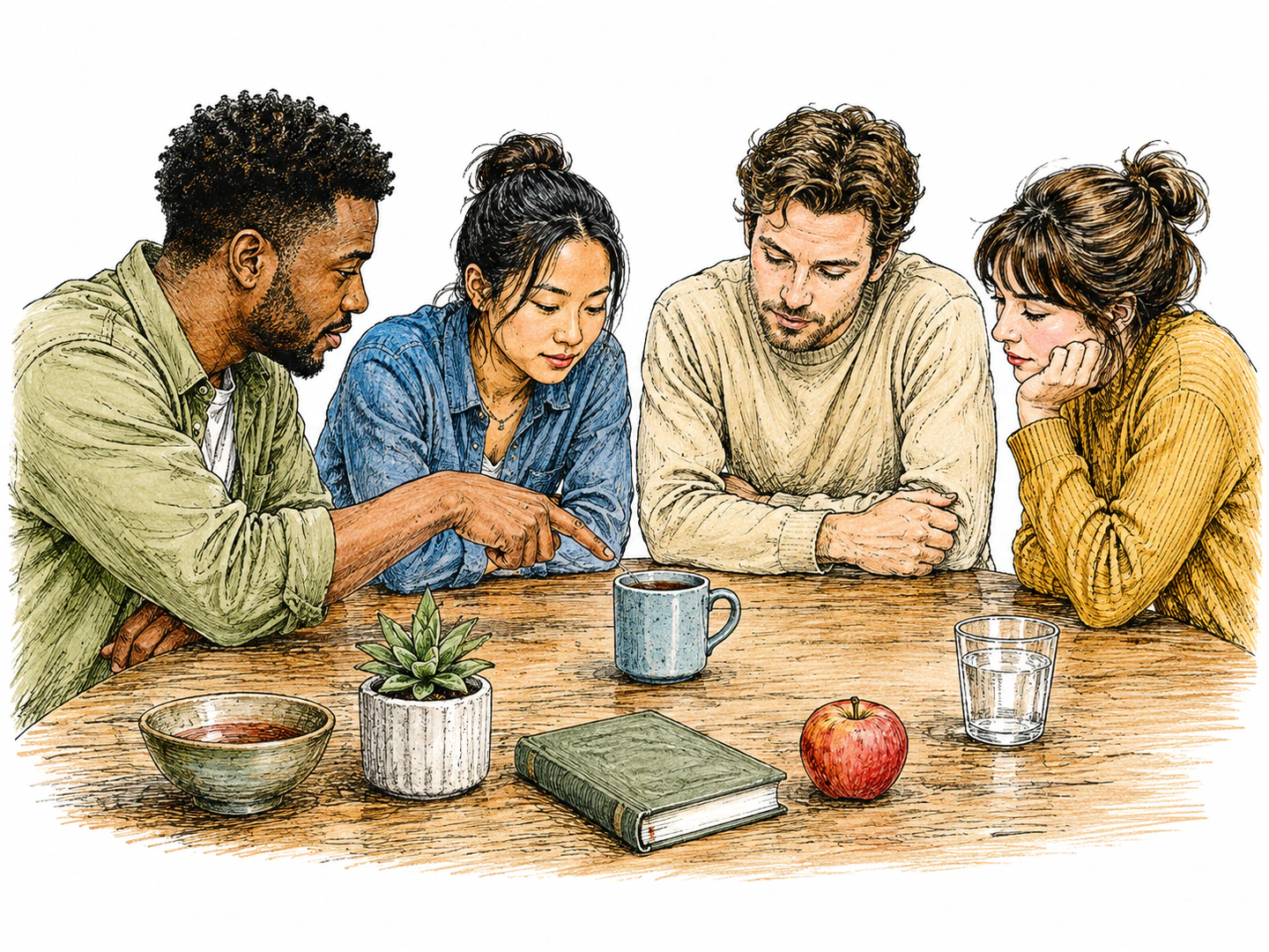 At a table of several objects, one person points directly to a single nearby cup while everyone else looks at that cup.