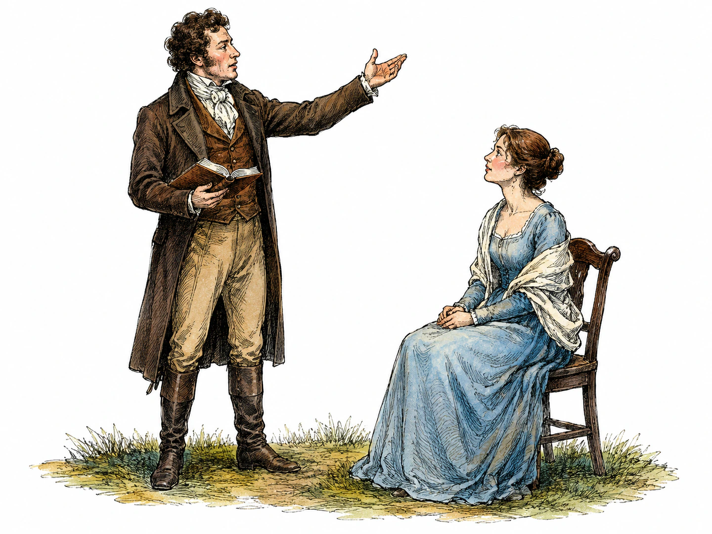An old-fashioned poet in period clothing raises one hand toward a single listener as if addressing that person directly in formal verse.
