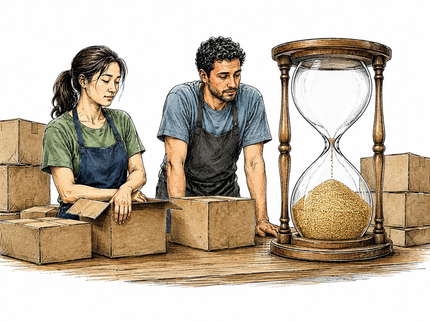 Two workers stop packing plain brown boxes as the last grain drops through an hourglass beside them. The UPPER glass bulb is visibly EMPTY and crystal clear. ALL sand forms a large mound in the LOWER bulb. Their hands rest, the work has just ended.