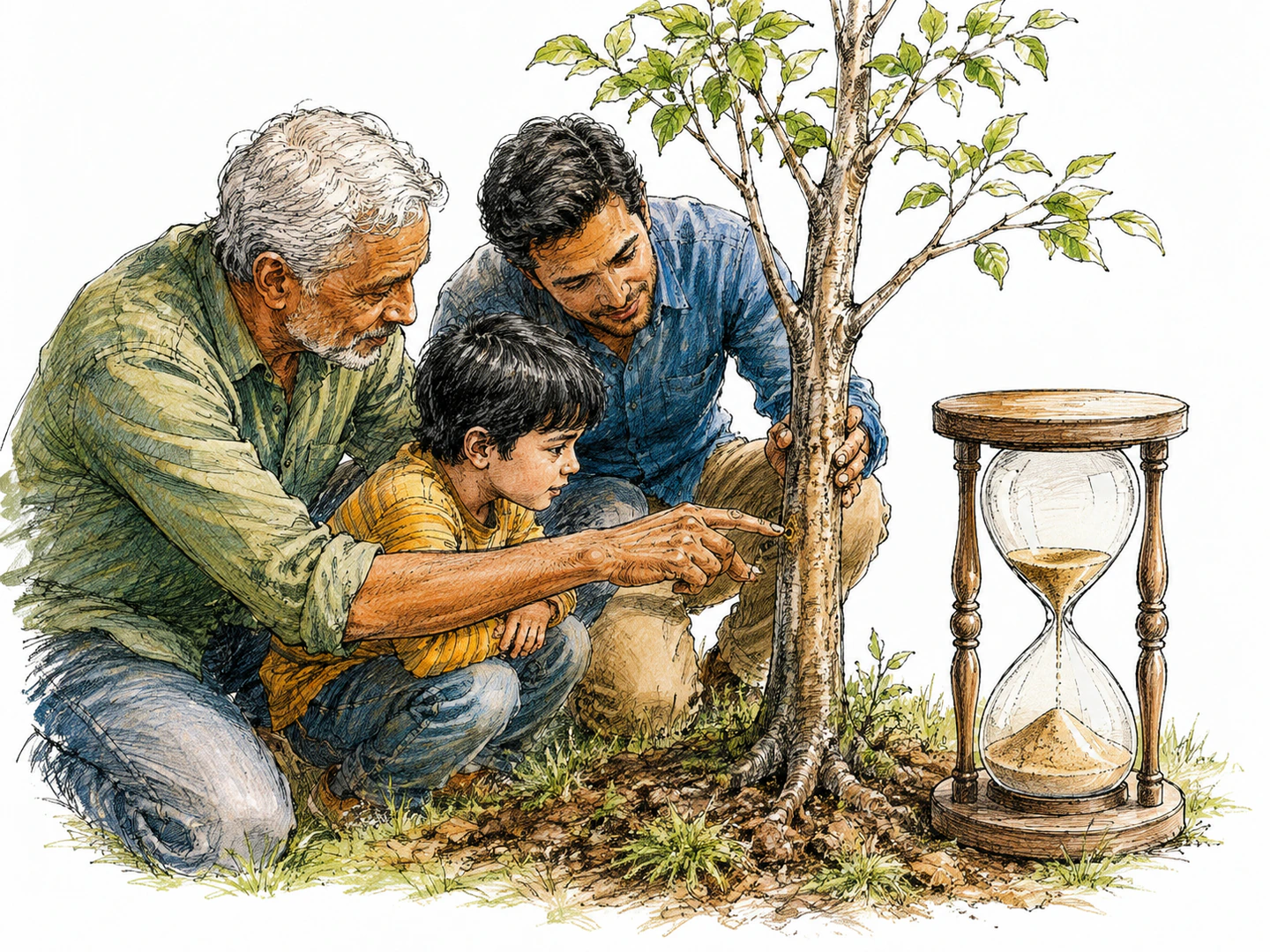 A grandparent, parent, and child examine a young tree’s trunk together beside an hourglass with falling sand; their different ages and the growing tree make passing time tangible in one scene.