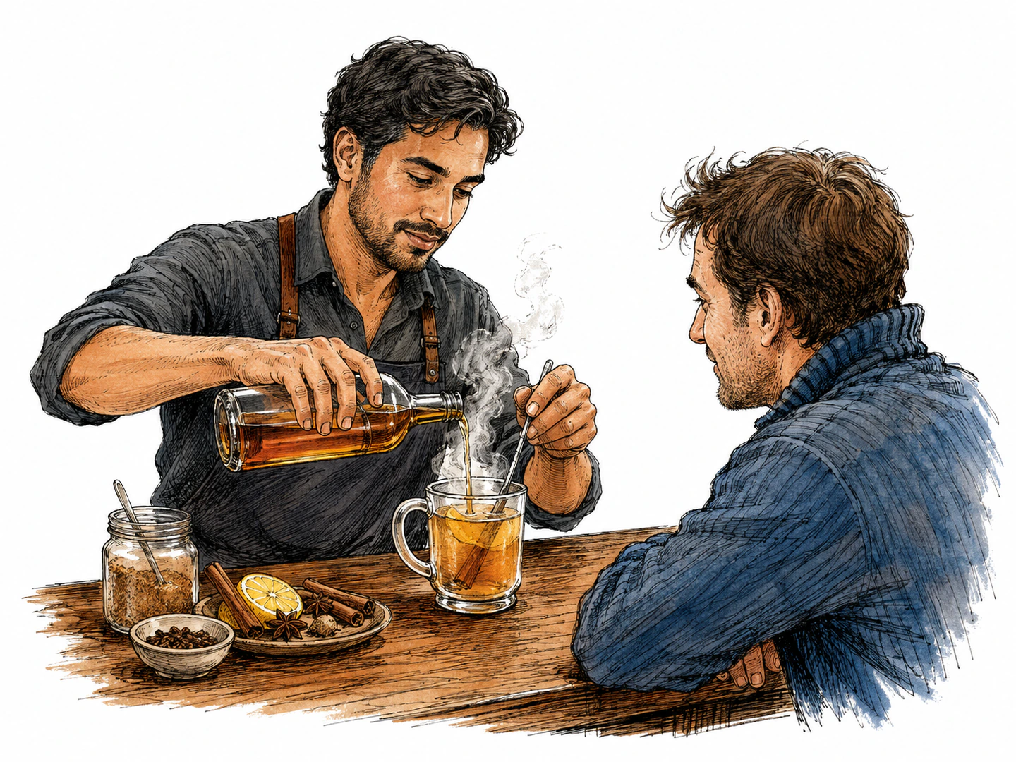 A bartender mixes liquor, hot water, sugar, and spices into a steaming mug for a waiting guest.
