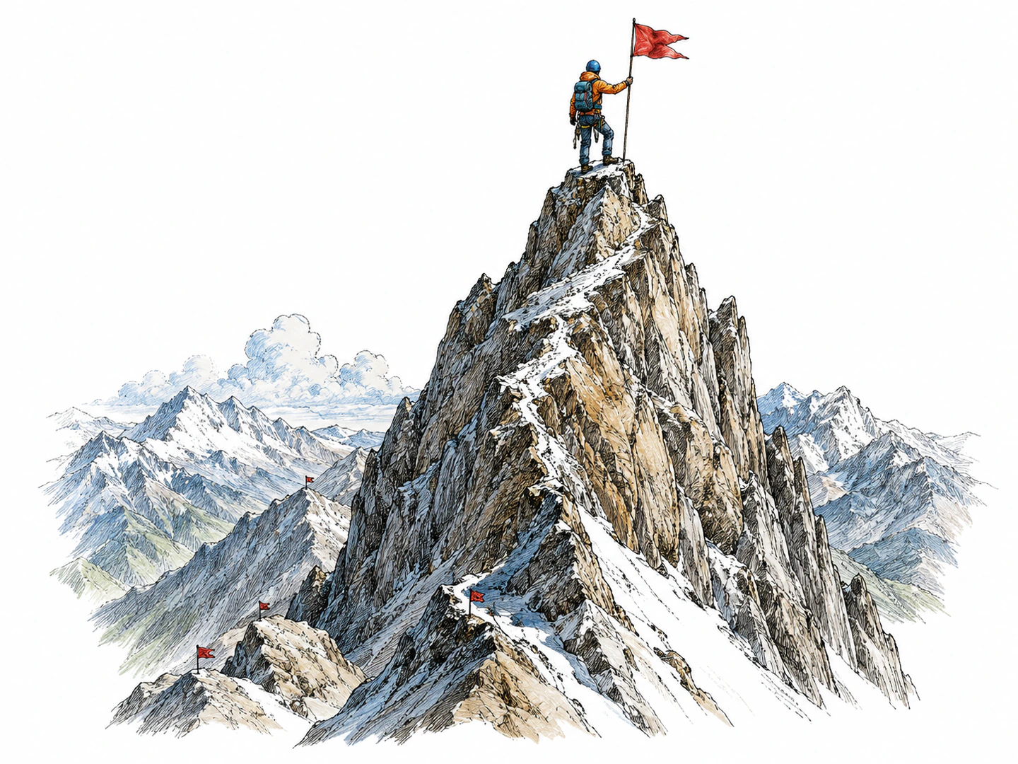 A climber places a flag at the very highest point of a tall peak while all lower markers remain far below, making the greatest possible degree visible.