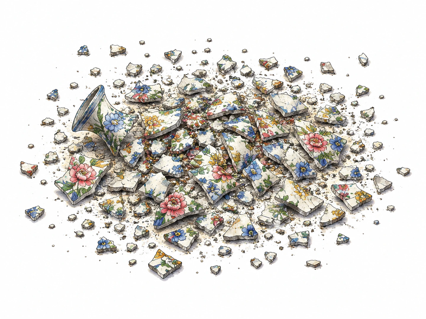 A vase lies completely shattered into tiny pieces with no intact part remaining, showing total and absolute breakage.