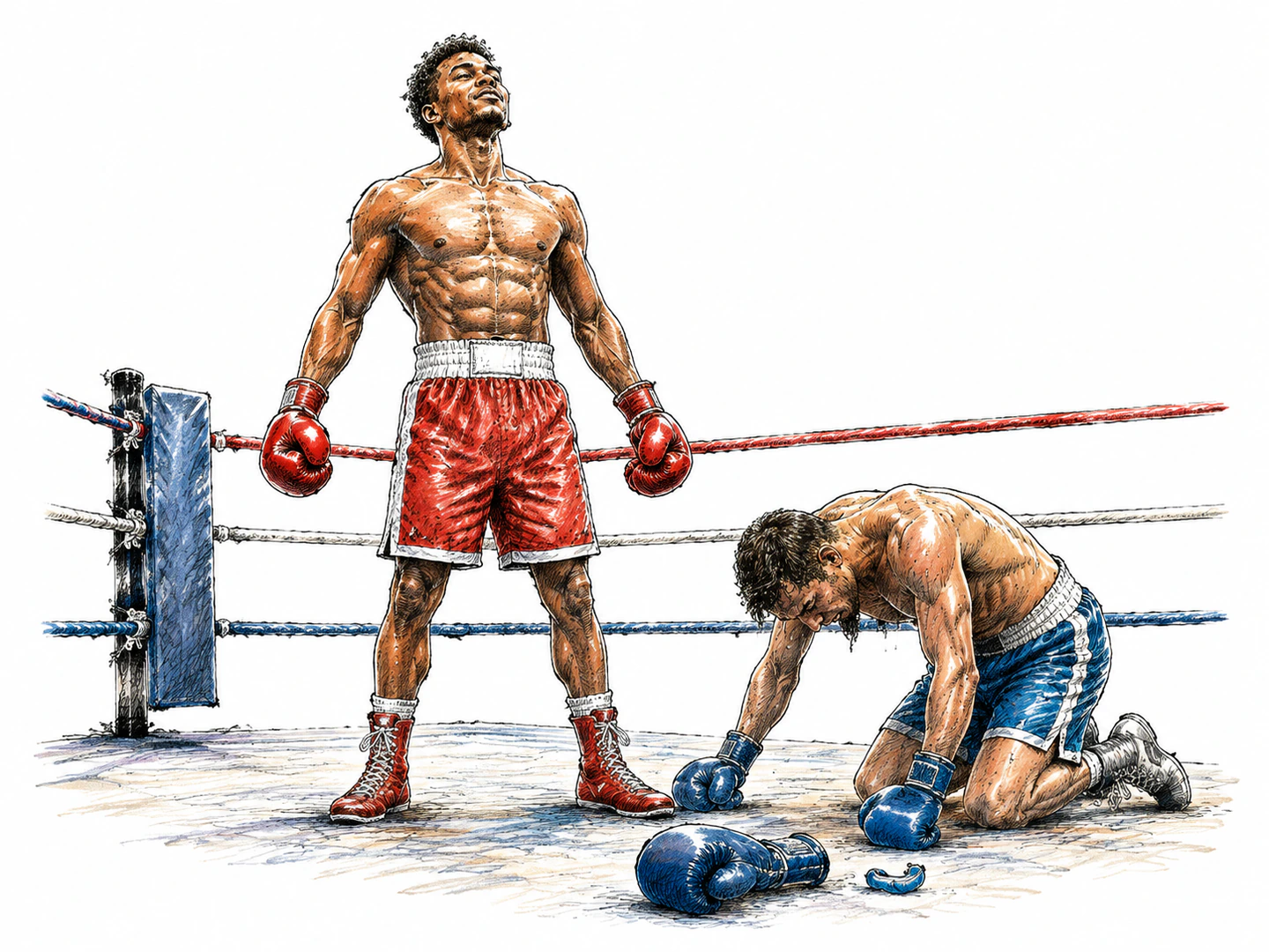 At the end of a contest, one exhausted competitor drops their gear while the other stands clearly victorious with no challenge remaining.