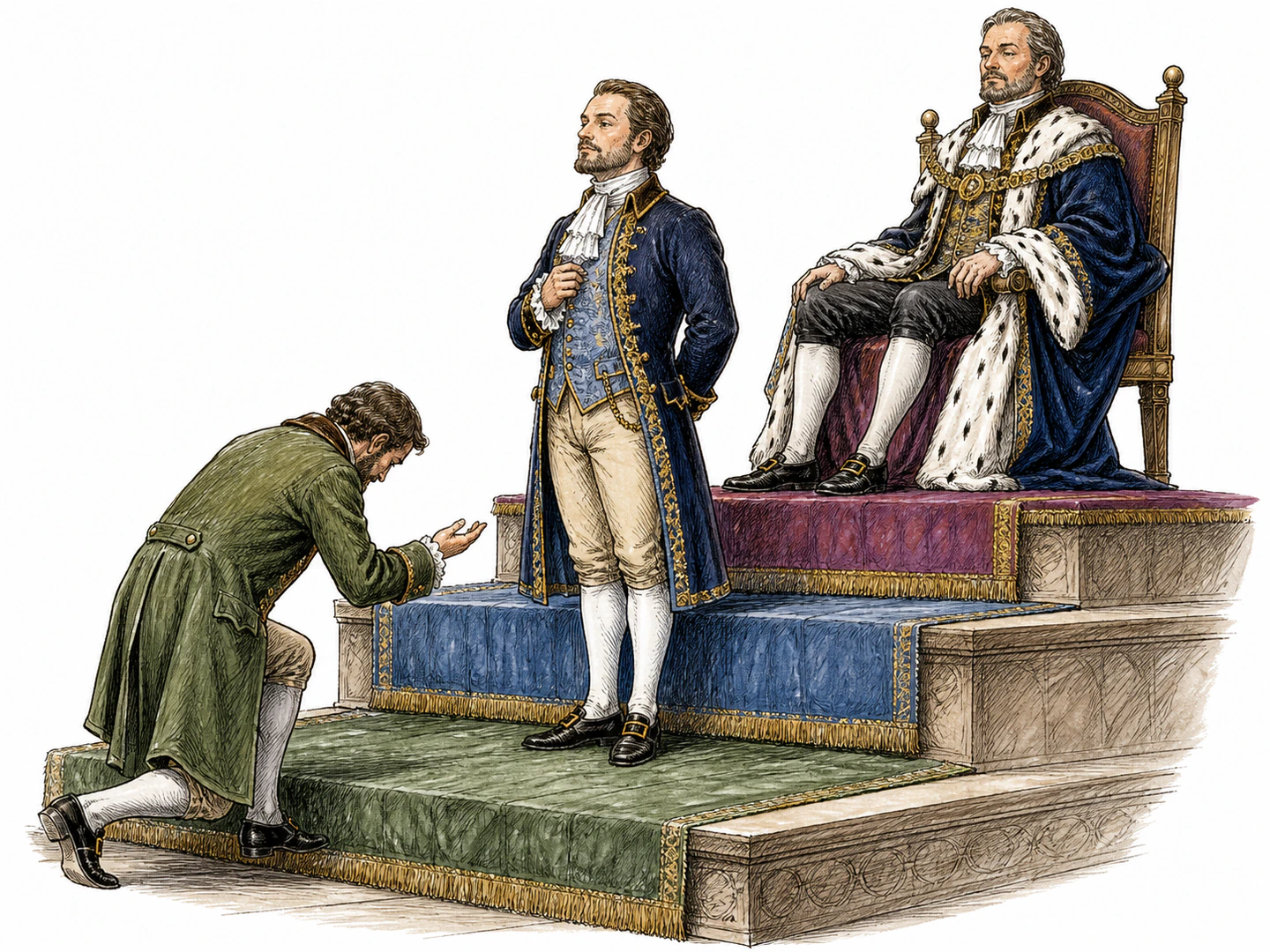 In a noble court, one nobleman stands on a middle tier below an honored earl and above a lower baron, receiving a matching middle degree of deference.