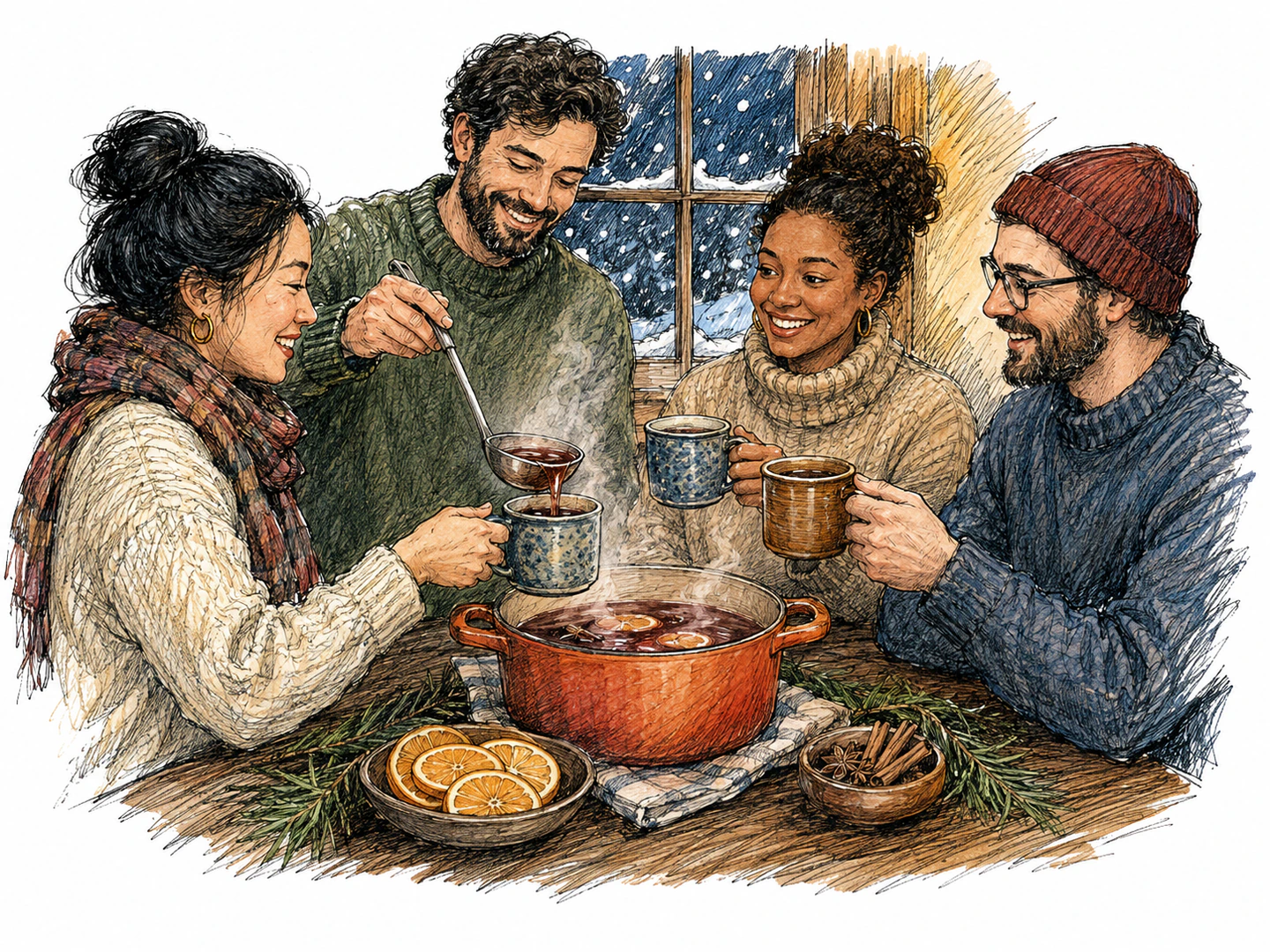 On a snowy evening indoors, friends ladle steaming spiced drink from a warm pot into mugs for a winter toast.