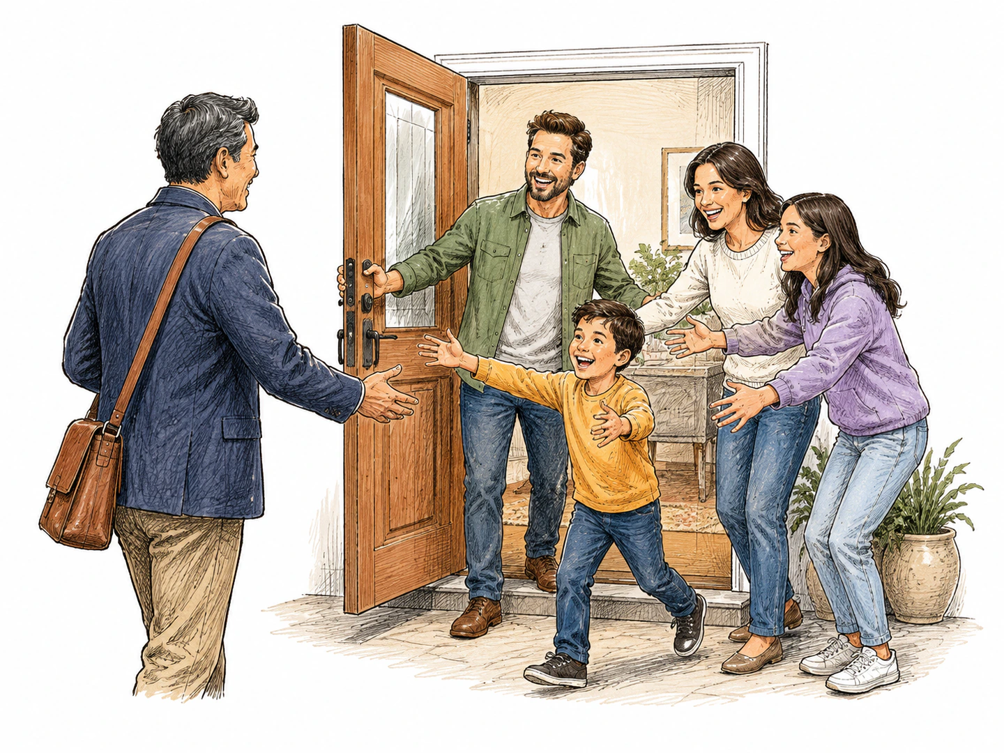A host opens the door wide with a pleased smile as a guest arrives and the family reaches out to greet them warmly.