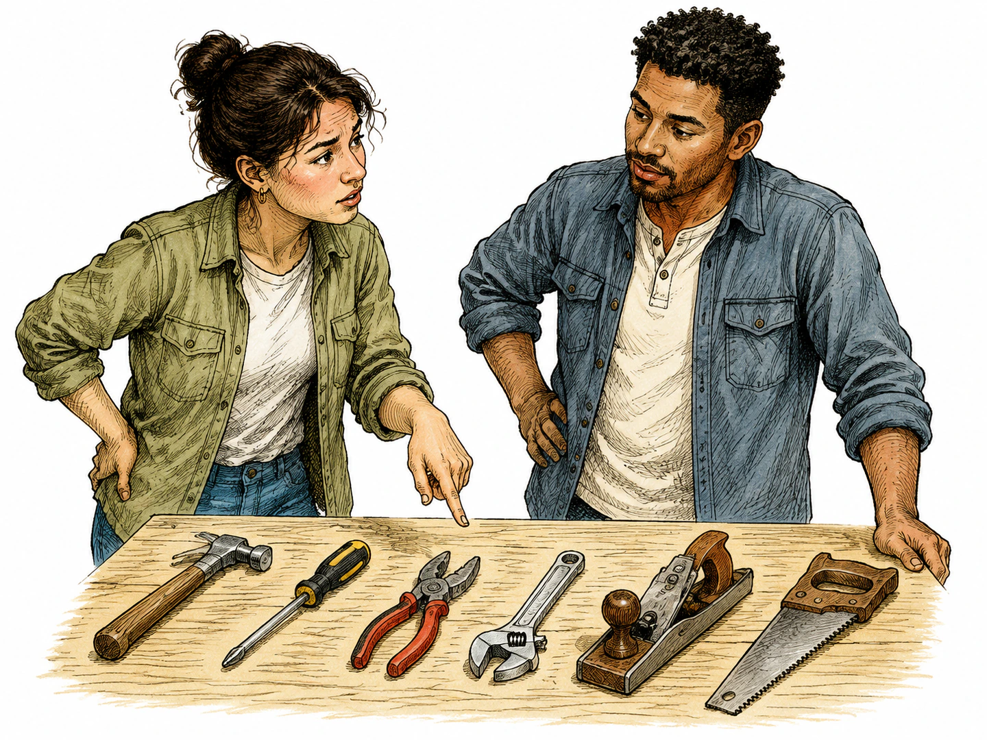 A person points uncertainly at several unfamiliar tools on a table while asking a nearby helper to identify the correct thing.