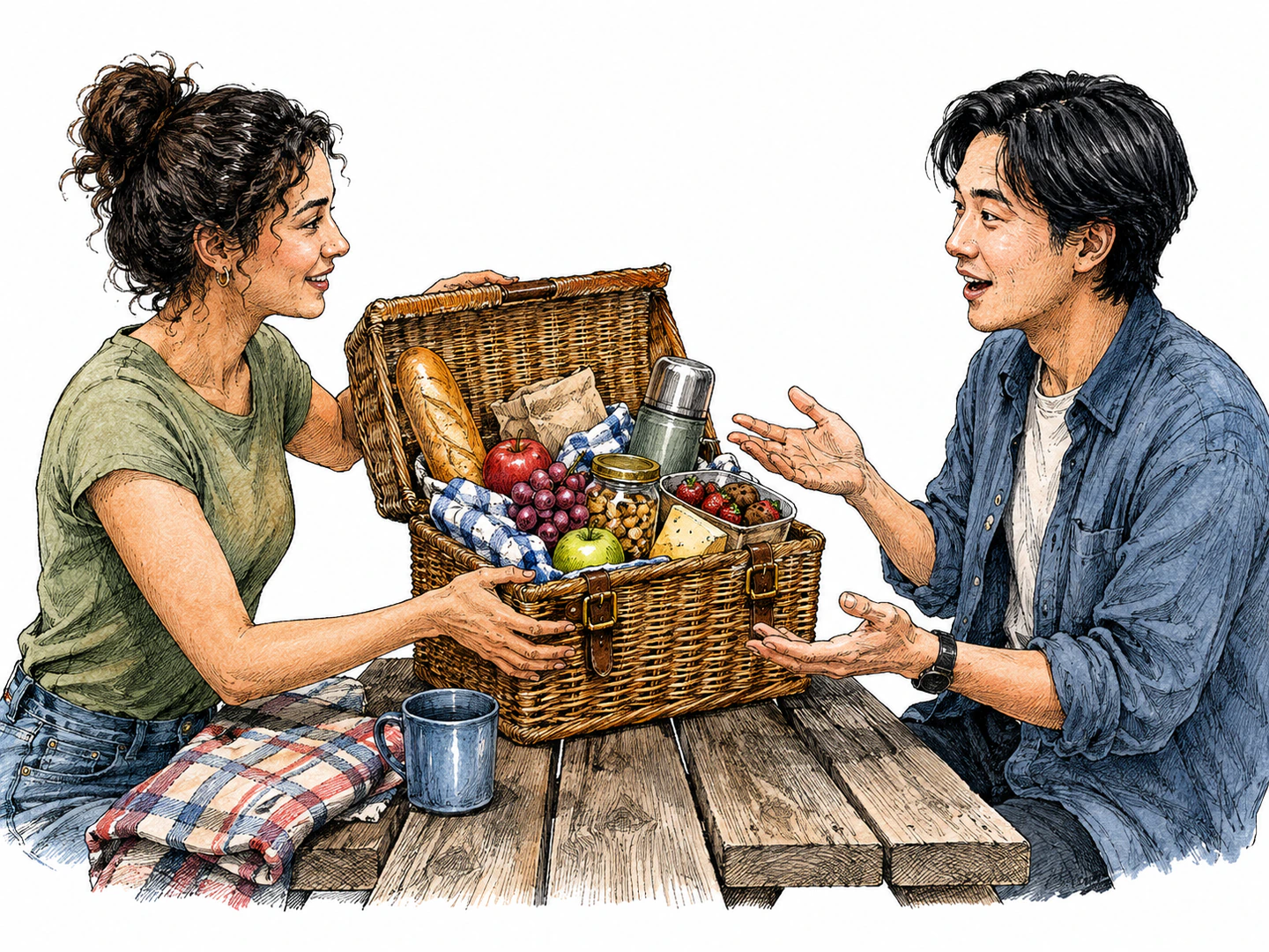 At a picnic table, one person offers an open basket containing many different possible items, and another accepts the whole uncertain assortment with open hands, showing that any item or all of them may be included.
