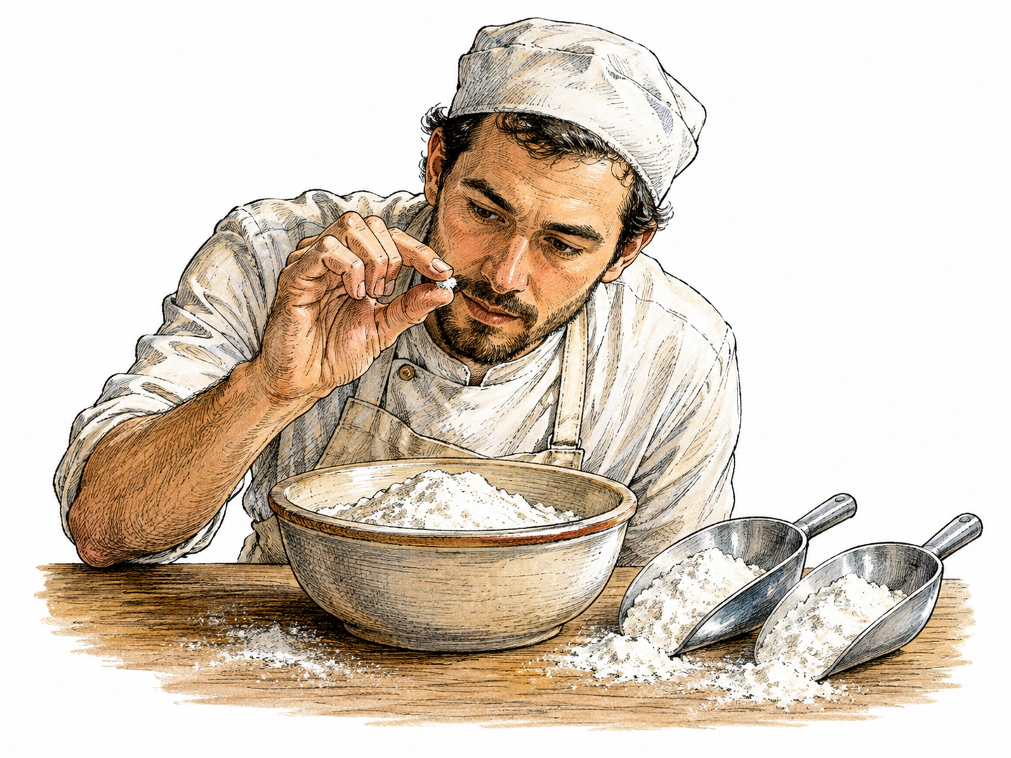 A baker pinches a single speck of flour between two fingertips while full scoops sit untouched beside the bowl, making the amount visibly the smallest possible trace.
