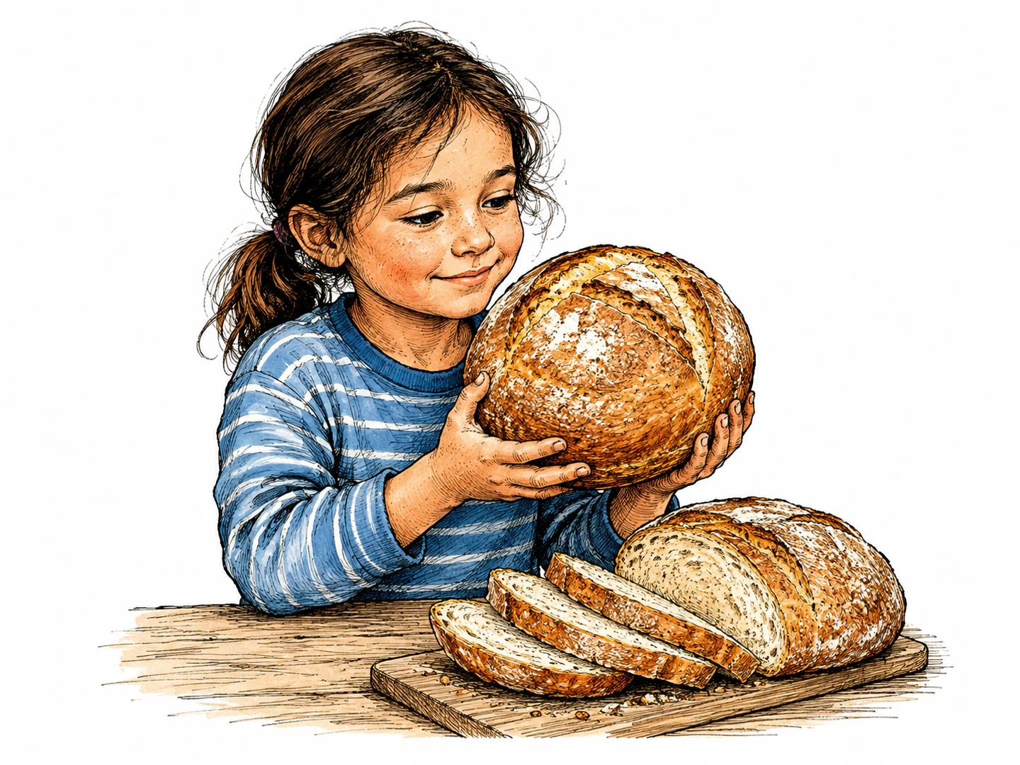 A child holds an intact round loaf beside sliced pieces from another loaf, making the complete undivided loaf clearly whole.