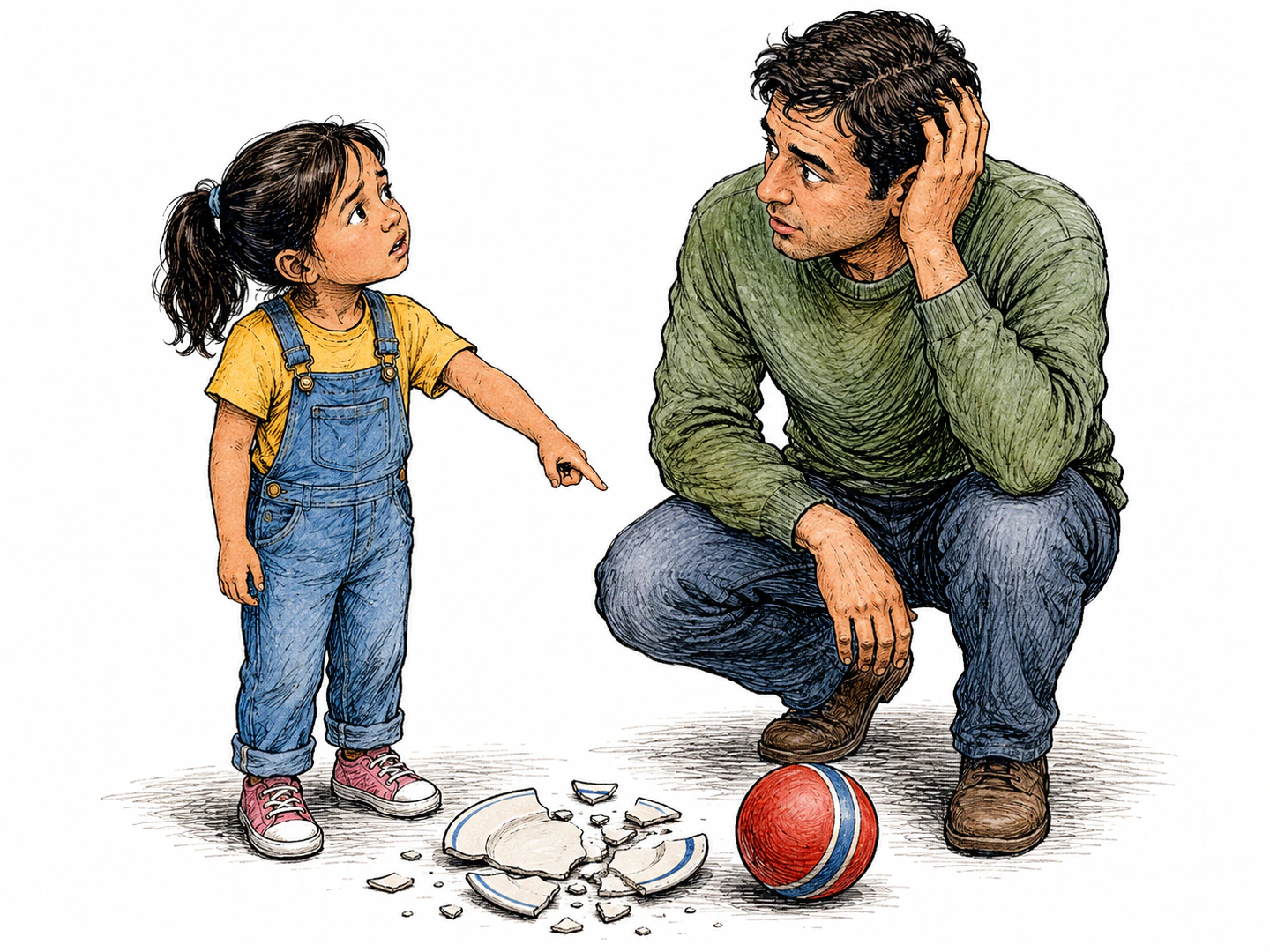 A child points from a shattered plate to a fallen ball and looks to an adult for the reason it happened.