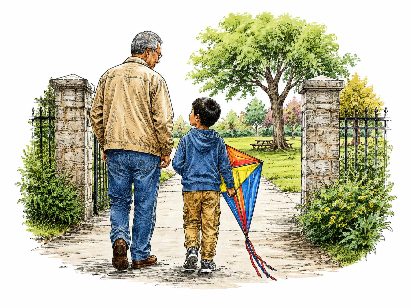 A child walks into a park accompanied by a grandparent and carrying a kite, making both companionship and possession visible.