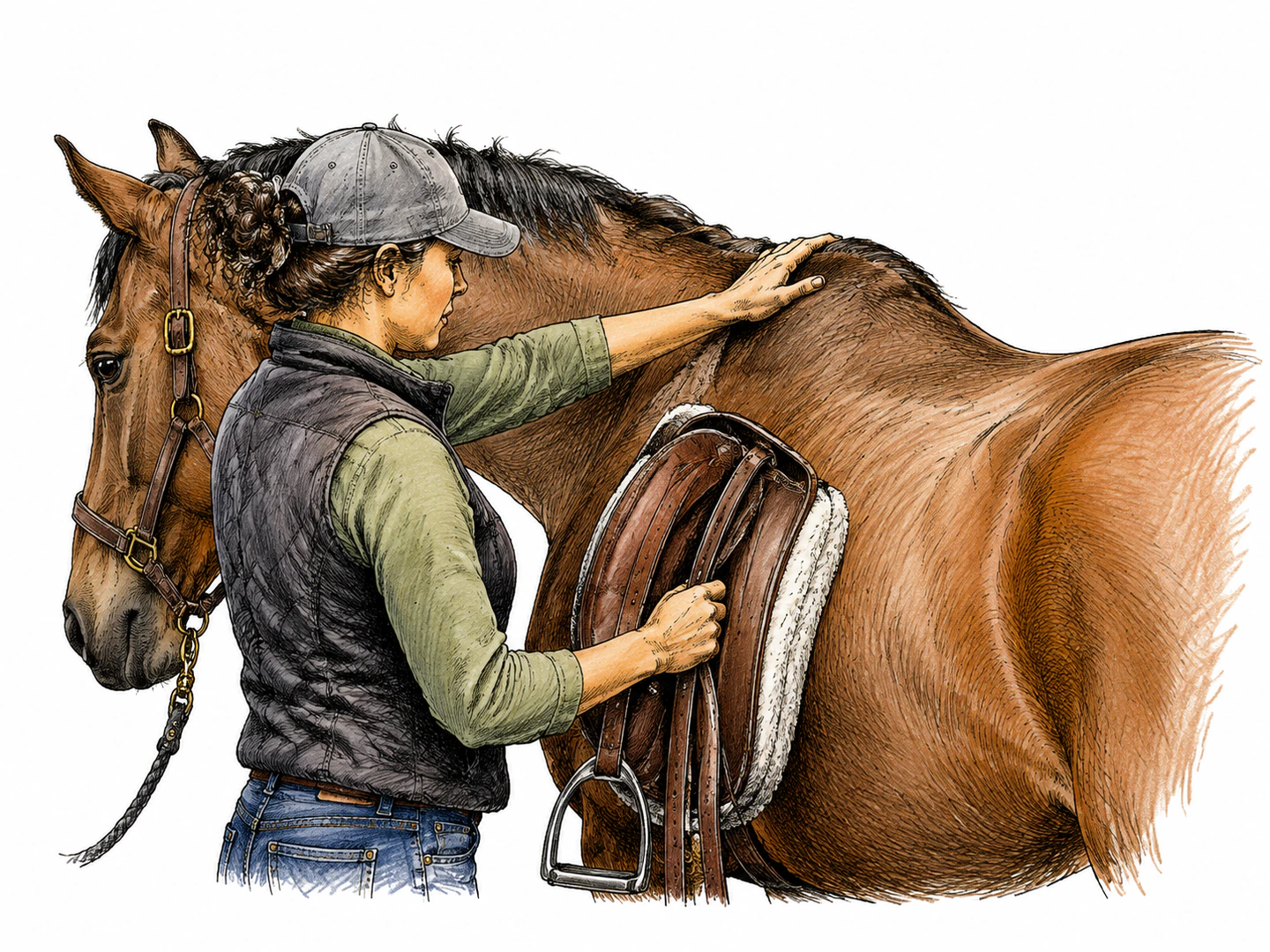 A handler rests a hand on the raised ridge between a horse's shoulder blades while fitting tack nearby, clearly marking that high shoulder area.