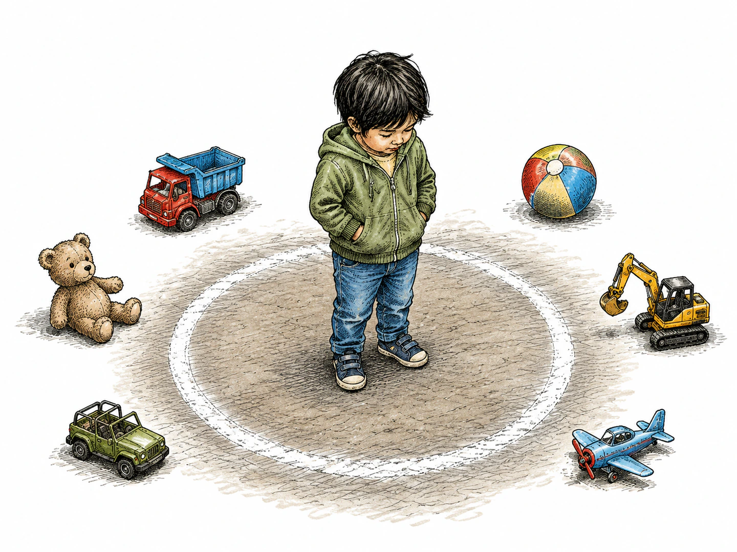 A child stands inside a chalk circle on the ground while toys remain outside the boundary, making the child clearly within the marked limits.