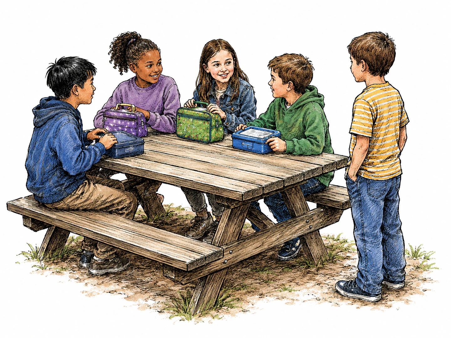 A child joins a picnic table empty-handed while everyone else has a lunchbox, making the child clearly not accompanied by that item.