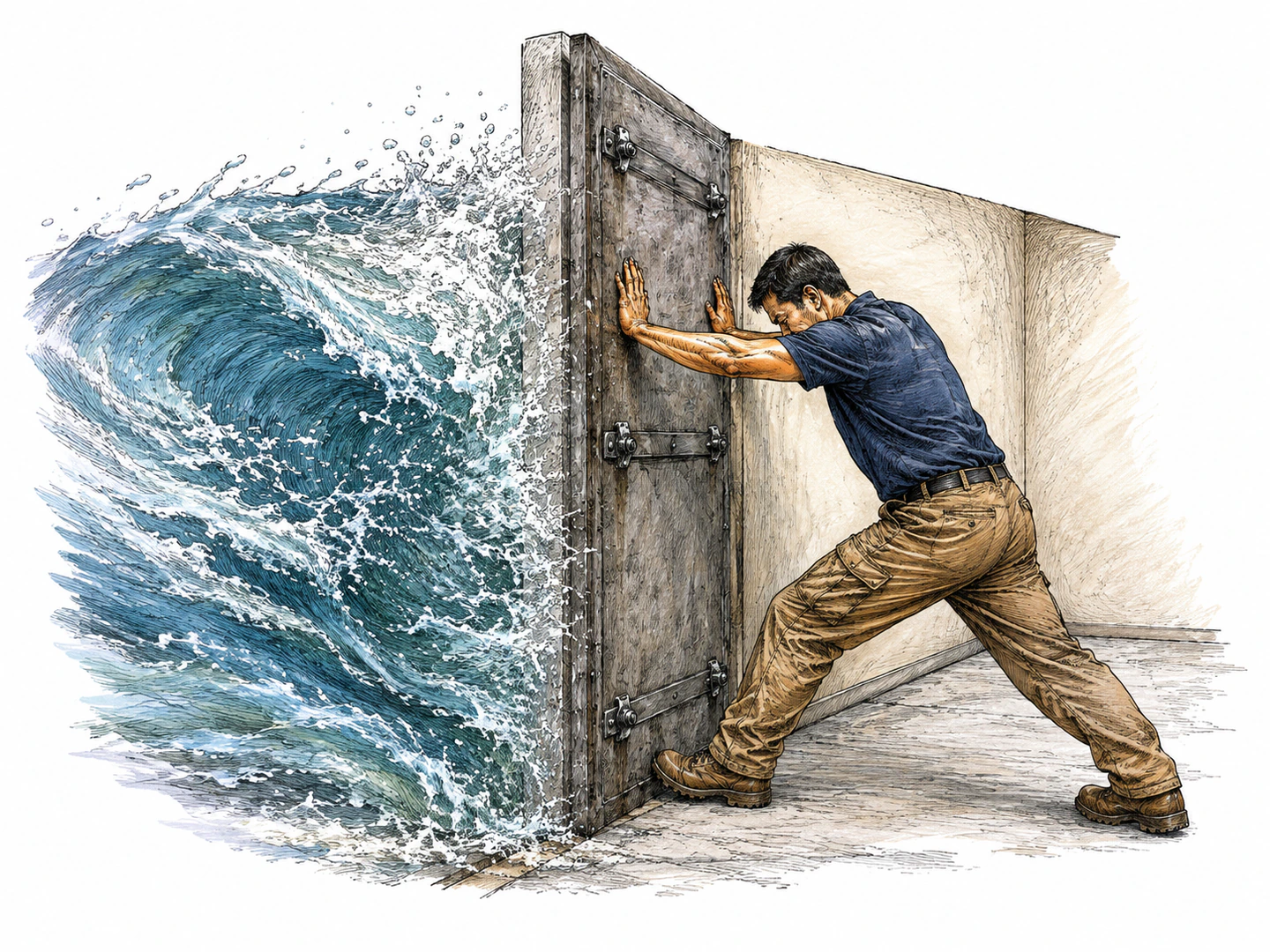 A worker braces a reinforced door with both feet planted while a heavy wave of water presses against it and the room behind remains dry.