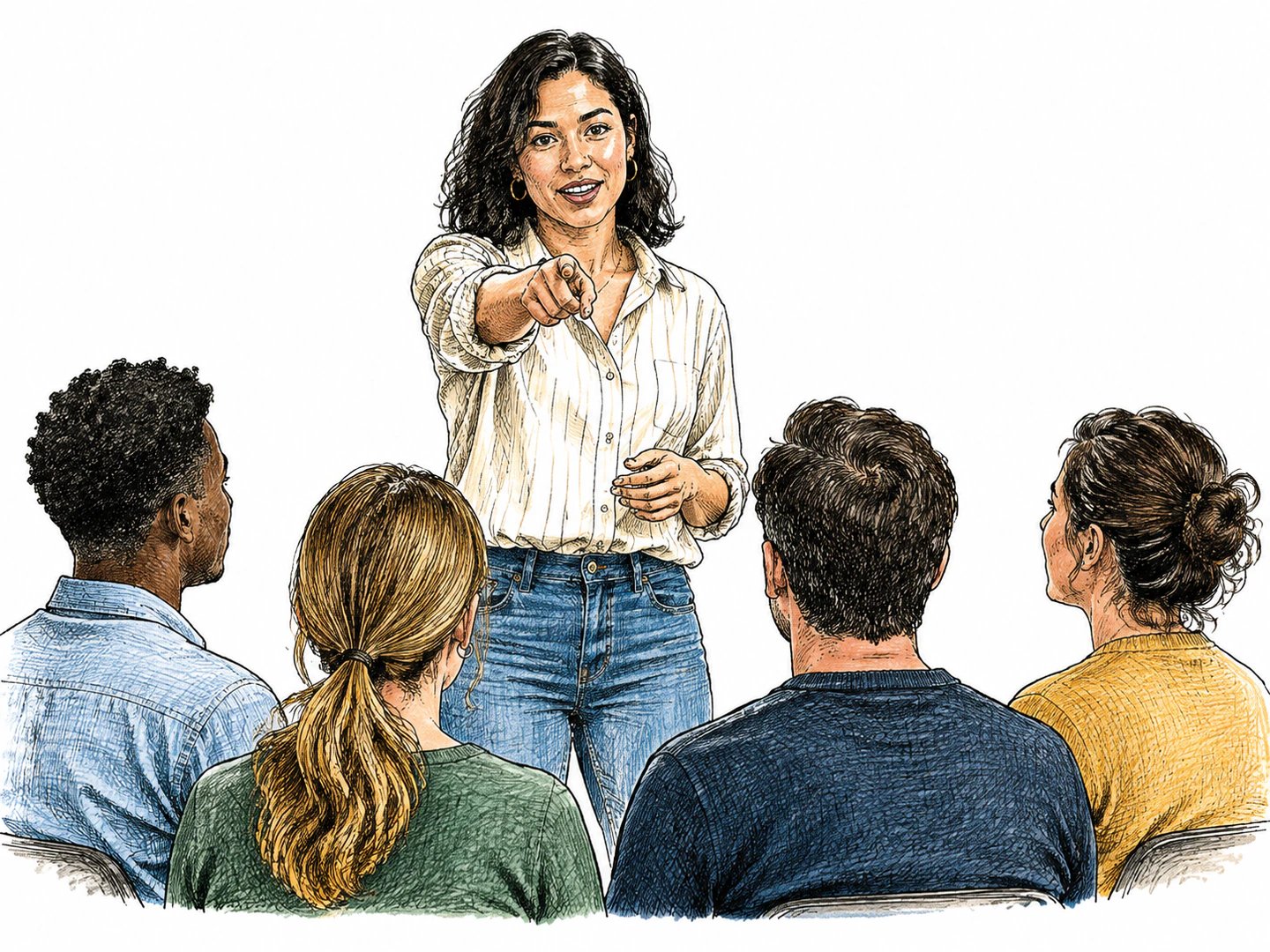 A speaker faces a small group and points directly toward the listeners being addressed.