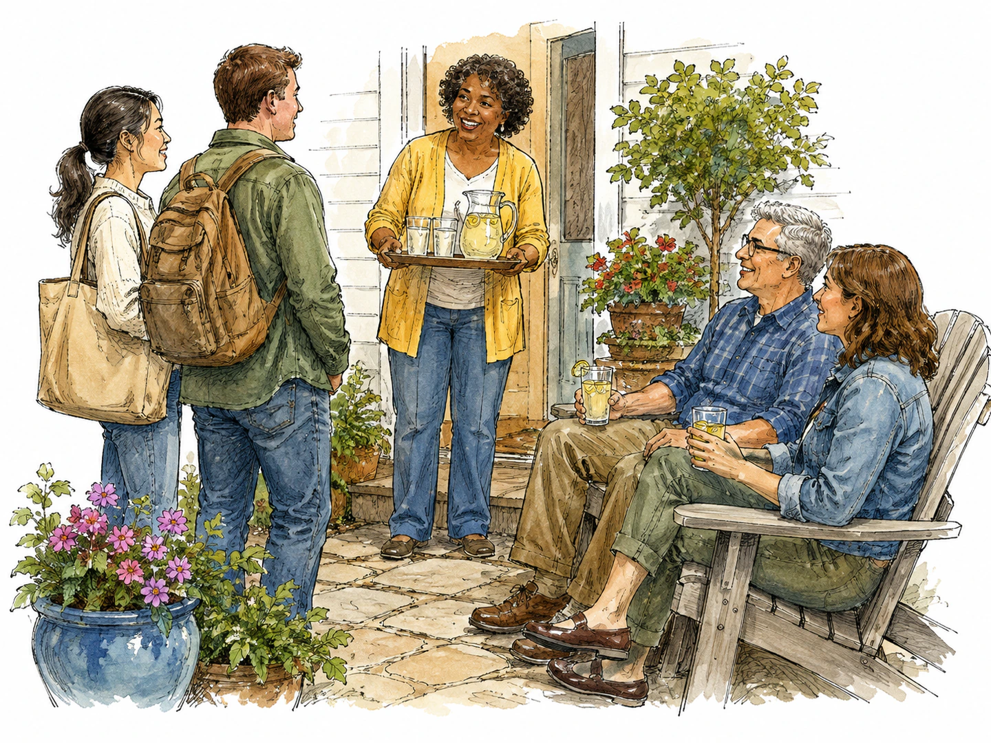 A friendly neighbor smiles, offers refreshments, and welcomes several people who relax around them with easy, trusting expressions.