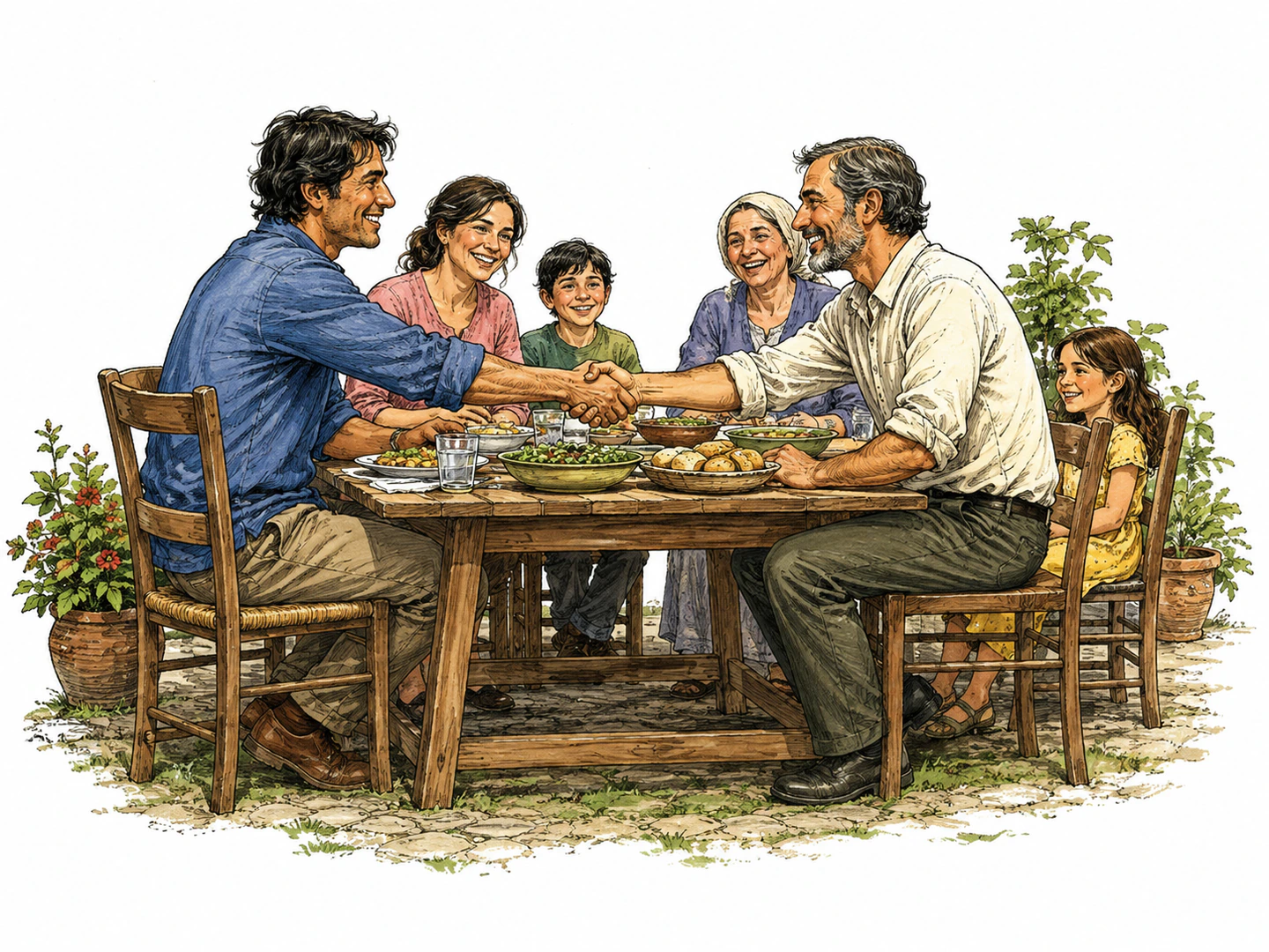 Two former rivals share a meal at the same table and shake hands warmly while their families relax together nearby.