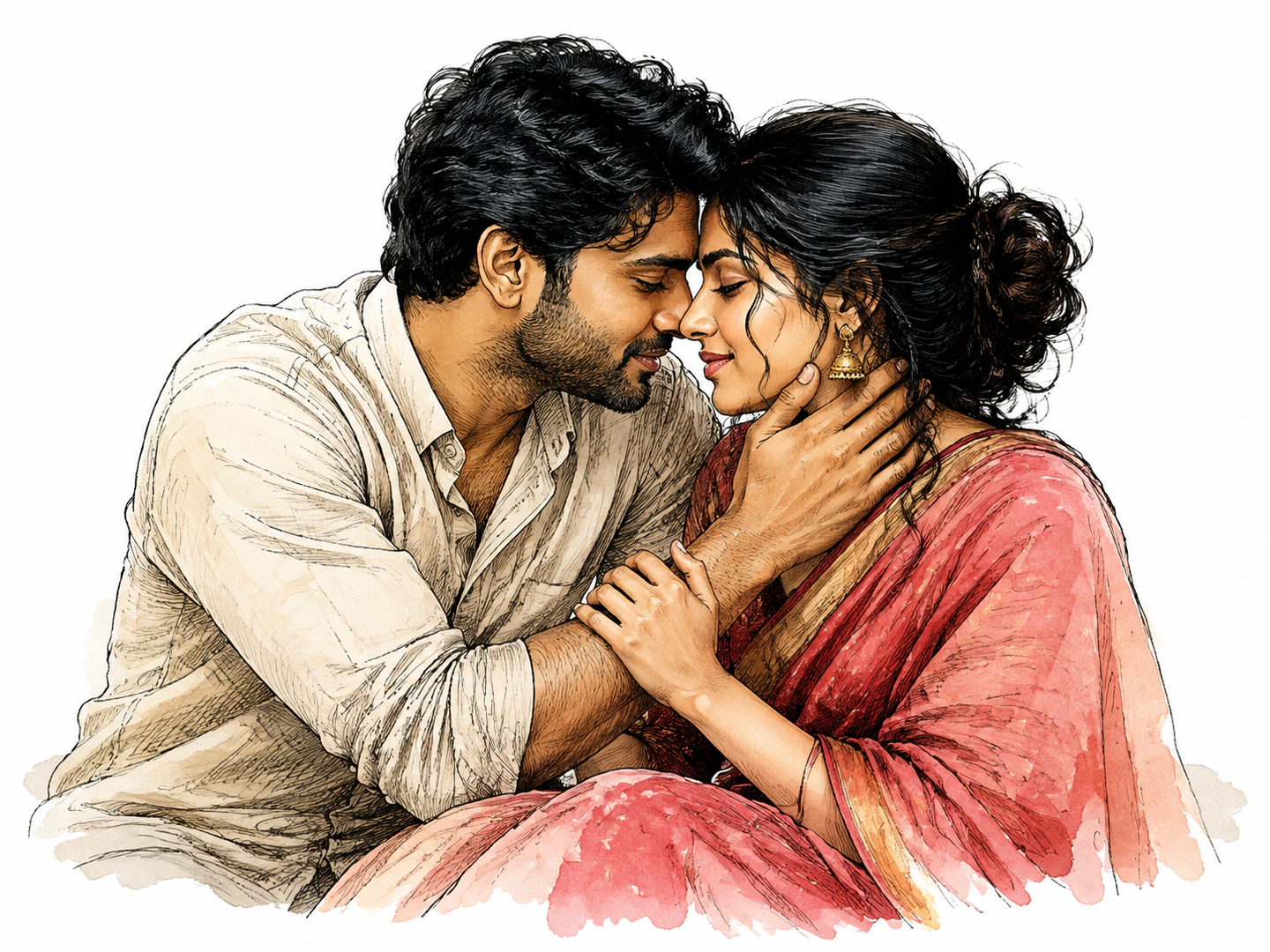 Two adults lean close with tender faces and lingering hands, openly showing romantic desire for each other.