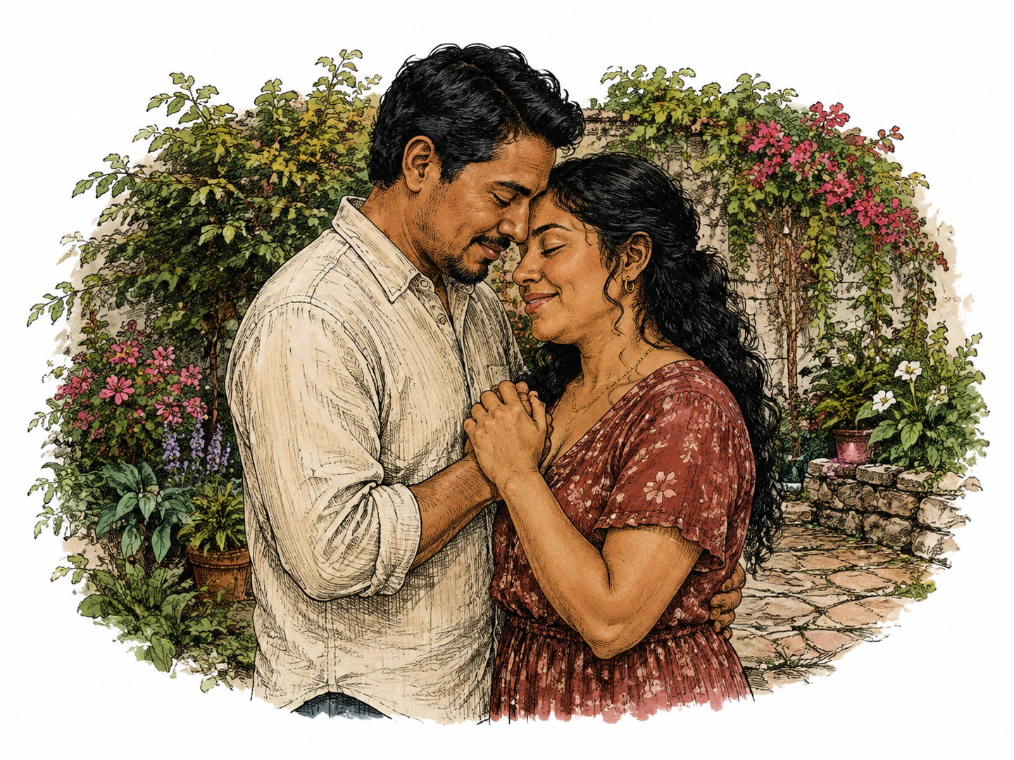 Two adults share a tender private embrace in a secluded garden, with affectionate faces and gently clasped hands.