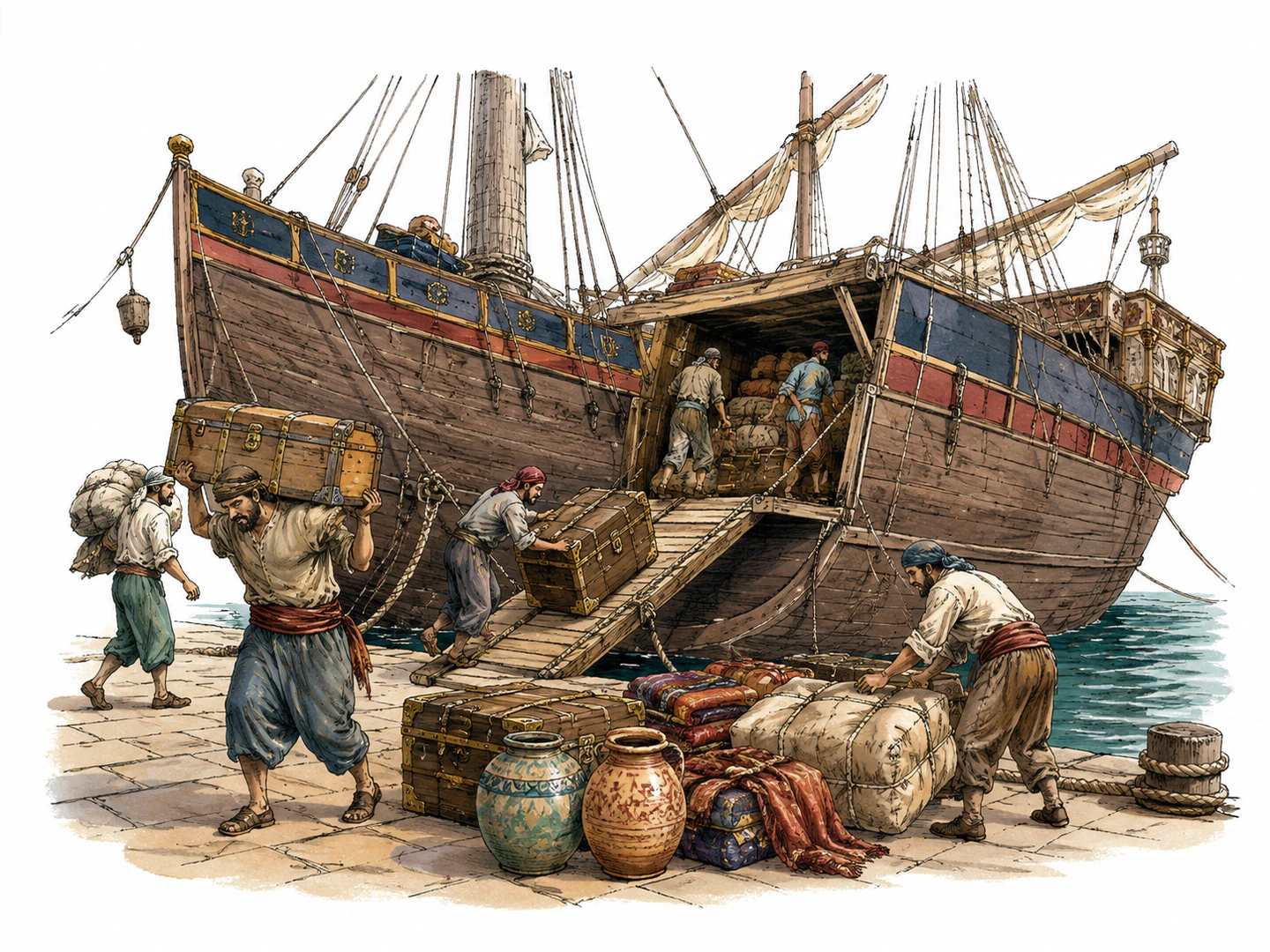A large merchant ship sits low in the harbor as dockworkers unload overflowing chests, fabric bales, and jars from its cargo hold.
