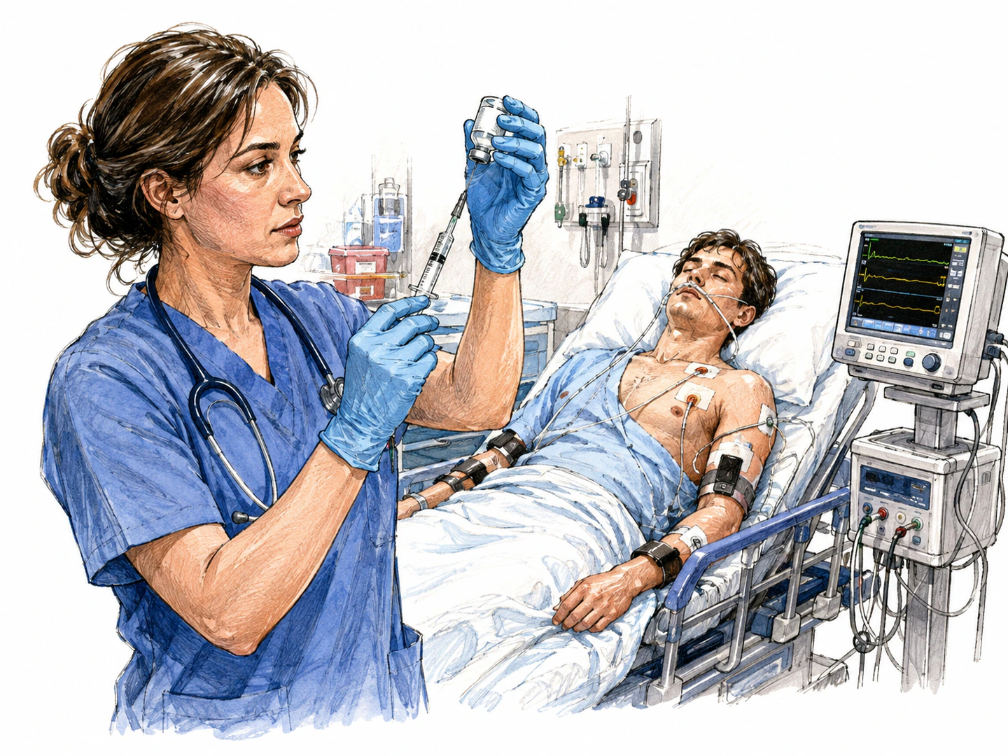In an emergency room, a clinician prepares an injection from a medicine vial beside a patient being treated after poisoning, with muscle-monitoring equipment nearby.