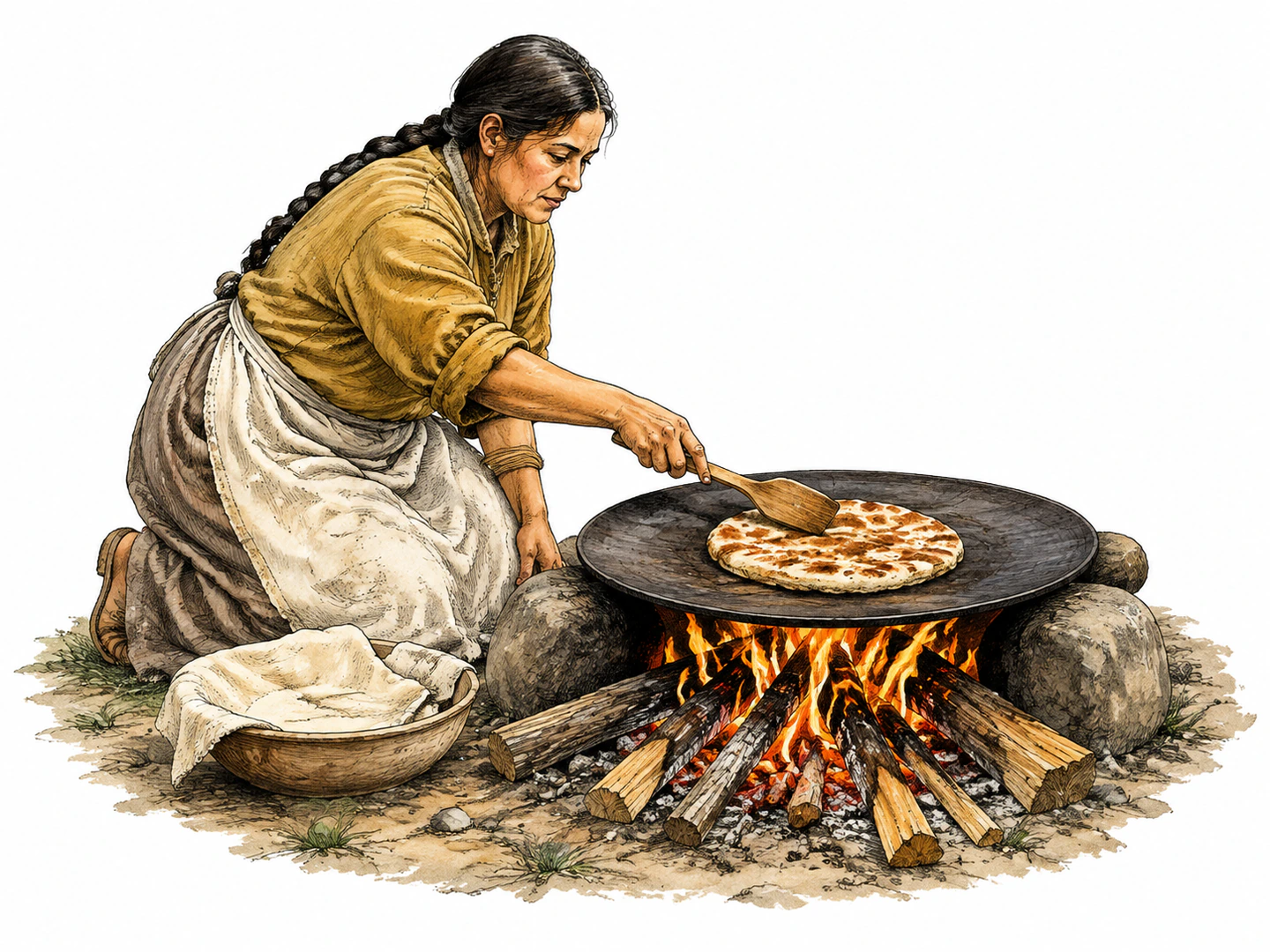 A cook turns a round flat bread on a hot griddle beside an open fire while its browned surface shows it is being cooked directly there.