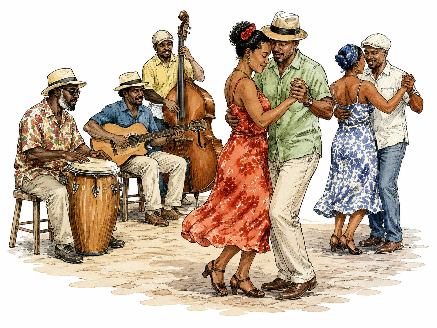 A small band plays while dancers move in a slow Caribbean rhythm with relaxed steps and close partner turns.