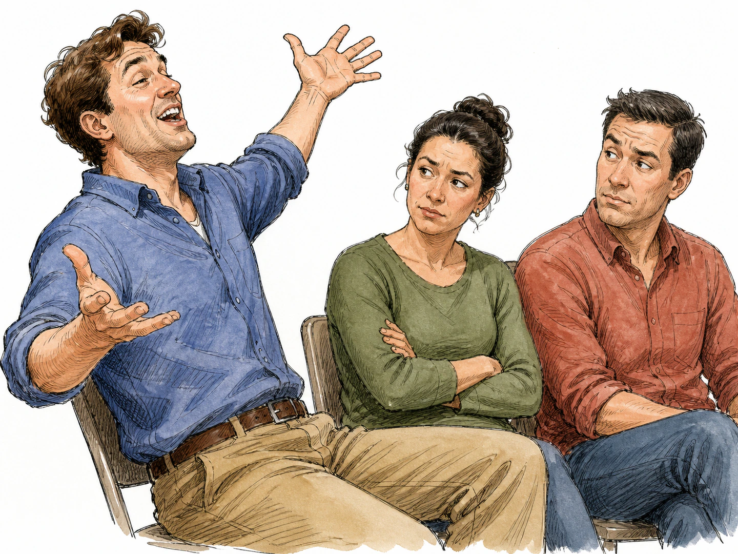 An adult brags with exaggerated expansive gestures while two listeners exchange skeptical looks and one raises a disbelieving eyebrow.