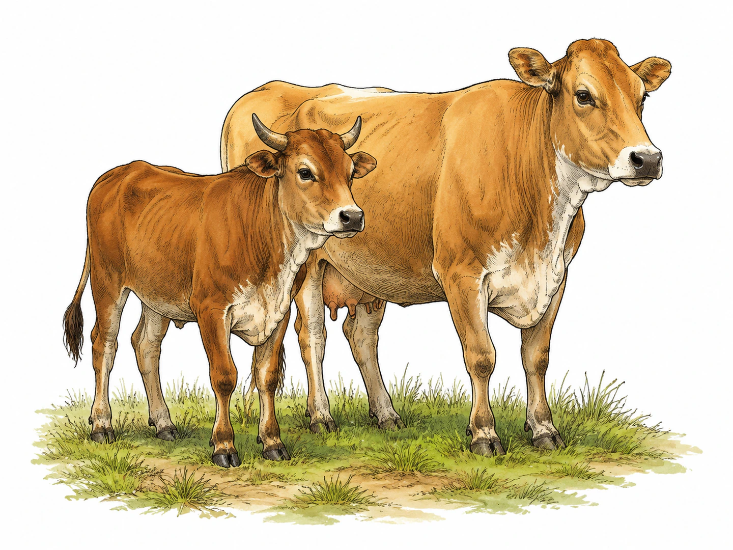 A young male cattle animal stands beside a larger cow in a pasture, with small developing horns and a youthful build.