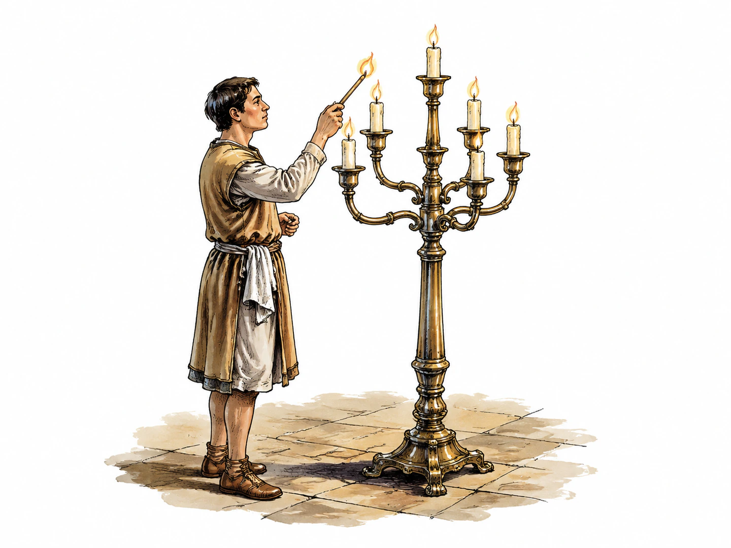 A servant lights several candles held on the branching arms of one tall candlestick.