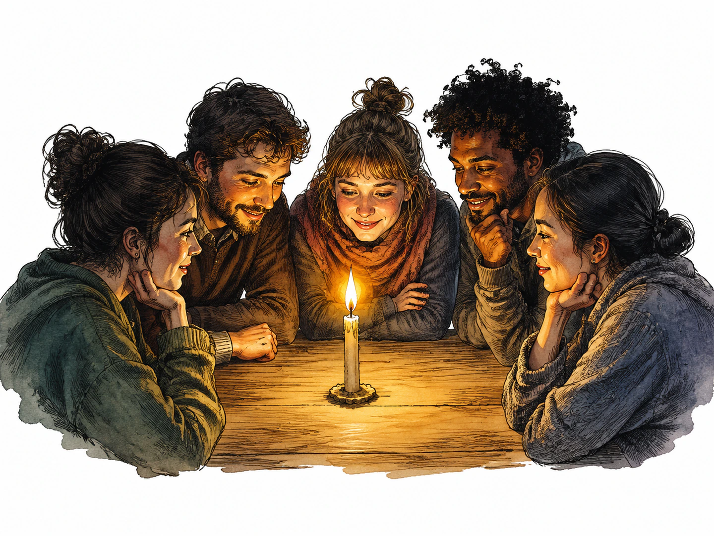 A wax stick with a burning wick stands on a table and lights the faces of people gathered around it.