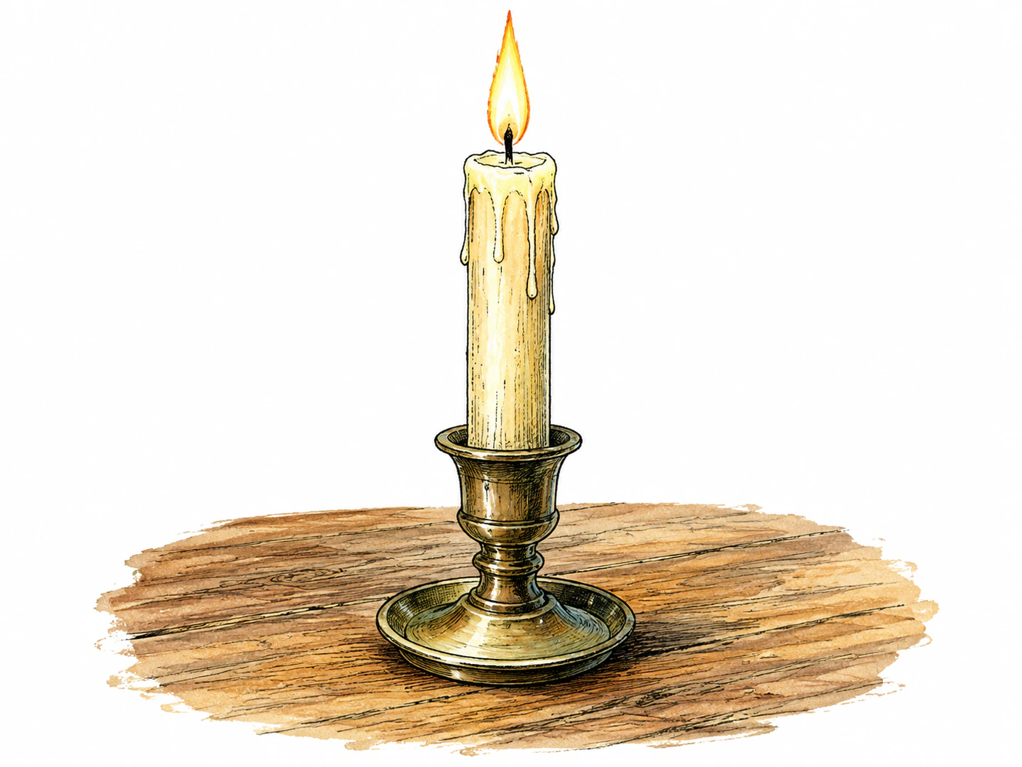 A candle stands upright in a sturdy holder that supports its base on a table.