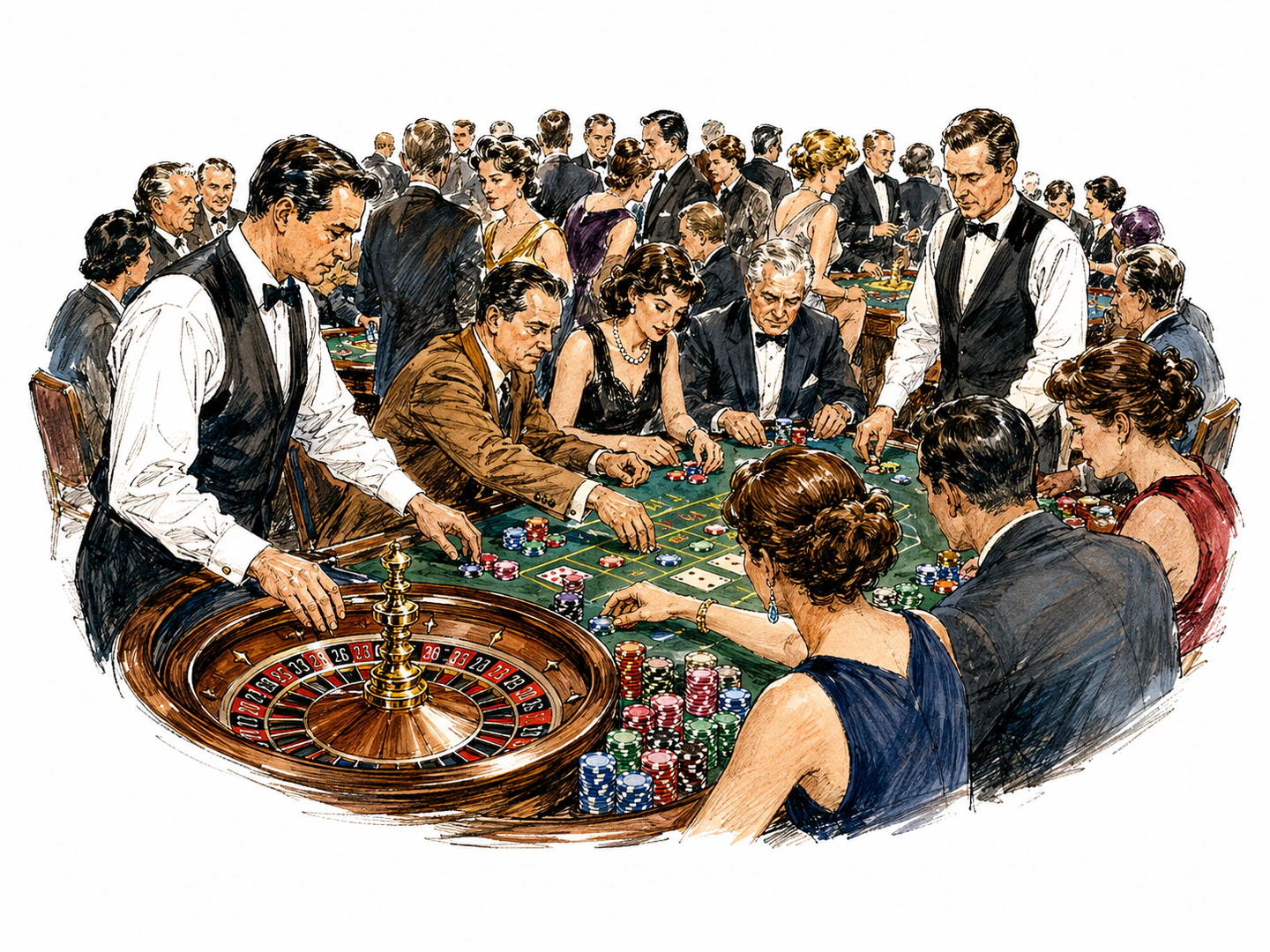 Inside a crowded gaming hall, people place chips beside cards and a spinning wheel while attendants oversee games of chance.