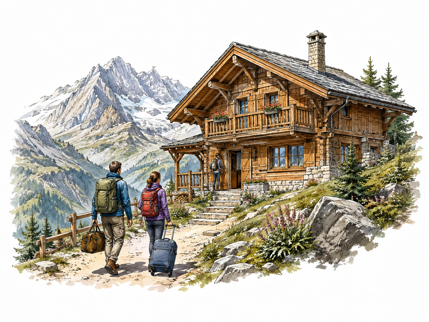 Travelers arrive at a wooden lodge set high among mountain slopes, with timber walls and a steep roof marking it as a mountain house.
