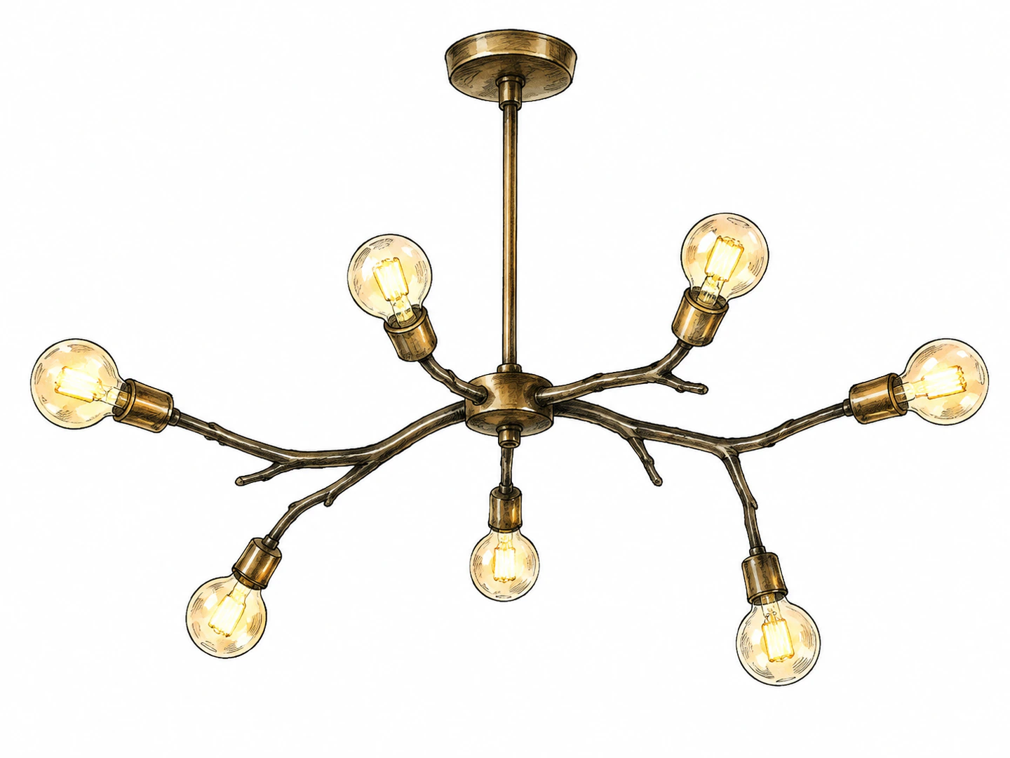A decorative light fixture hangs from the ceiling with several branching arms, each holding a glowing bulb.