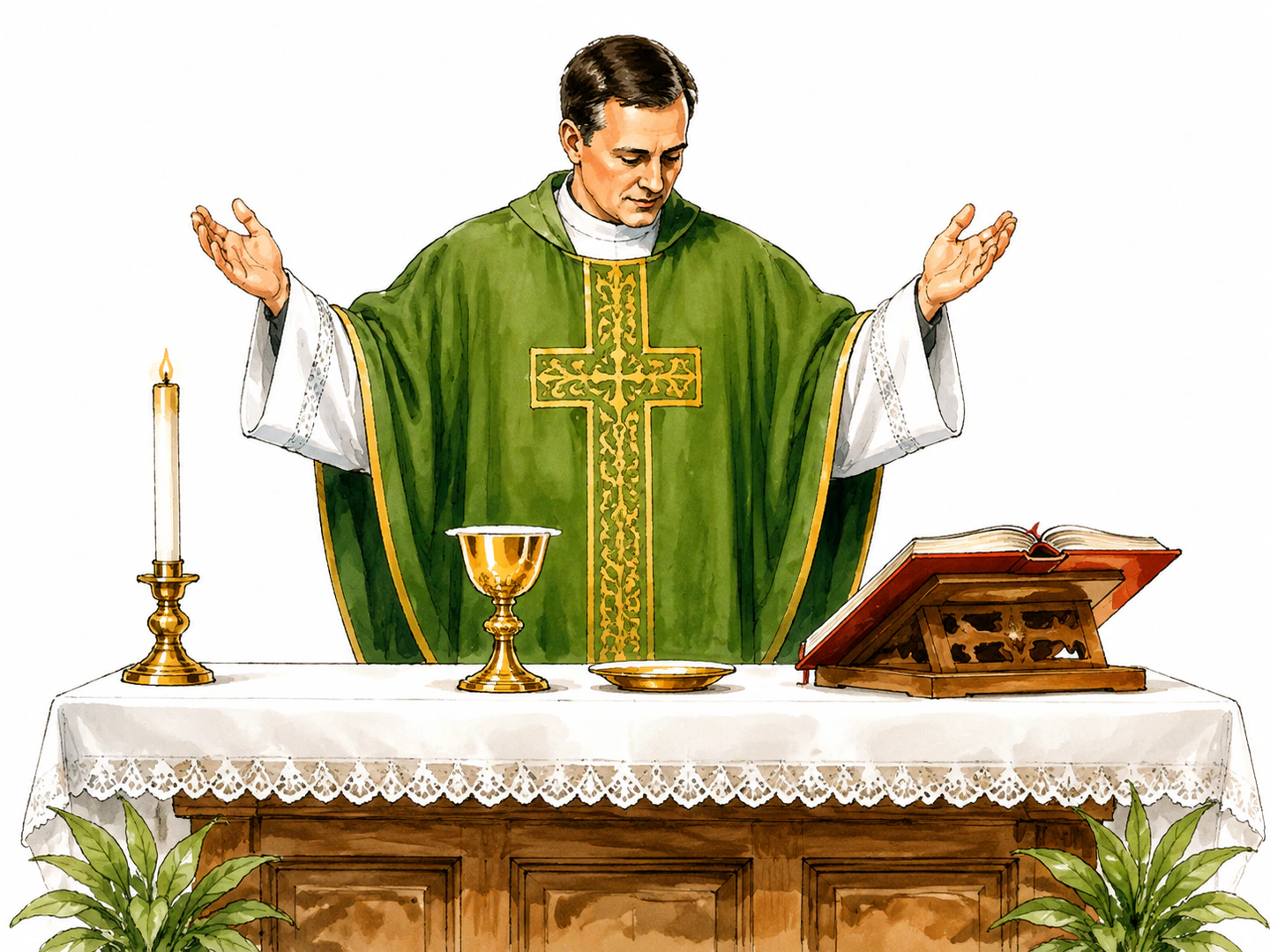 During Mass, a priest wears a sleeveless outer vestment over other garments while standing at the altar.