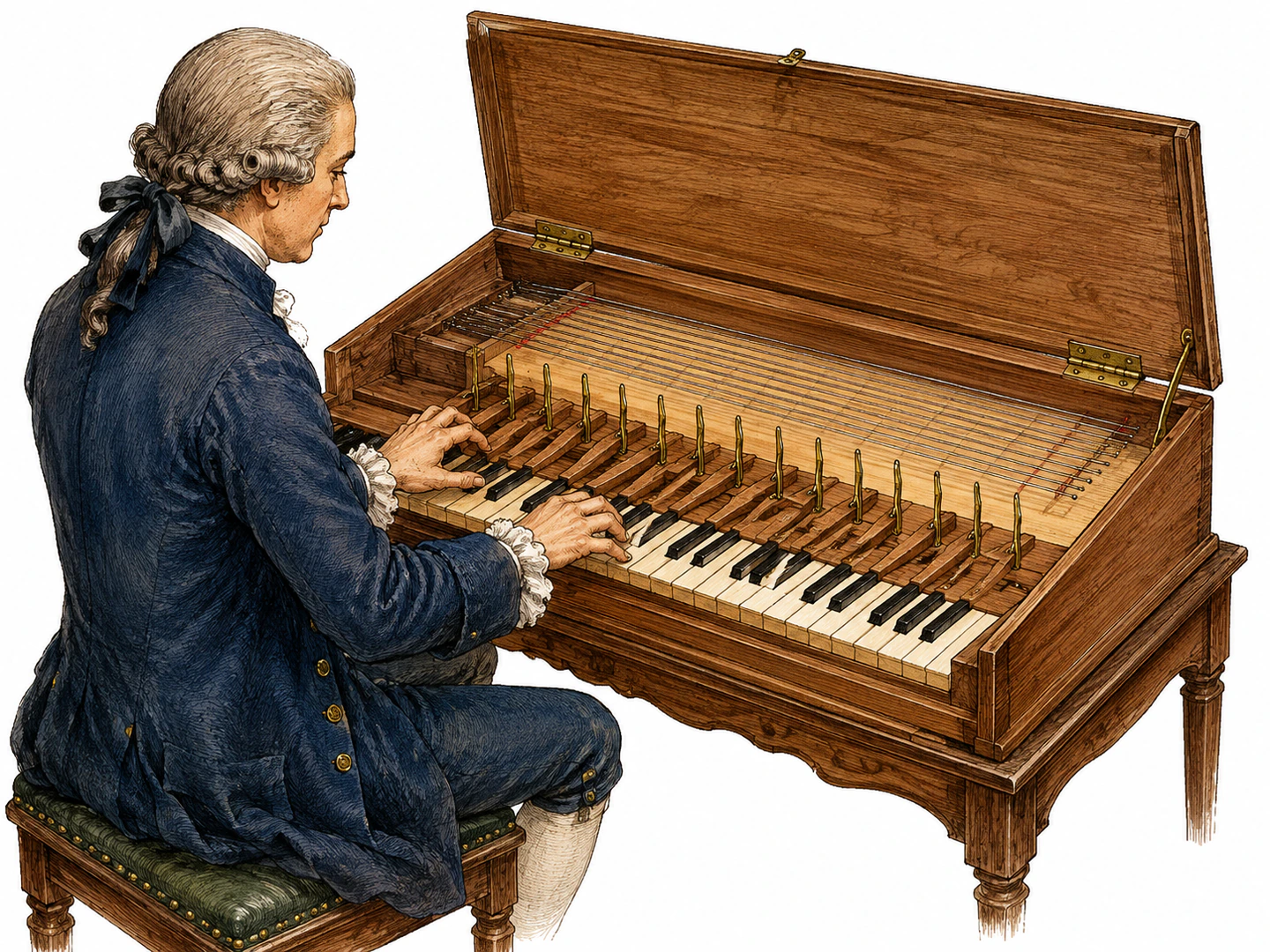 A musician presses keys on an early keyboard instrument while small metal blades inside strike taut strings over the soundboard.