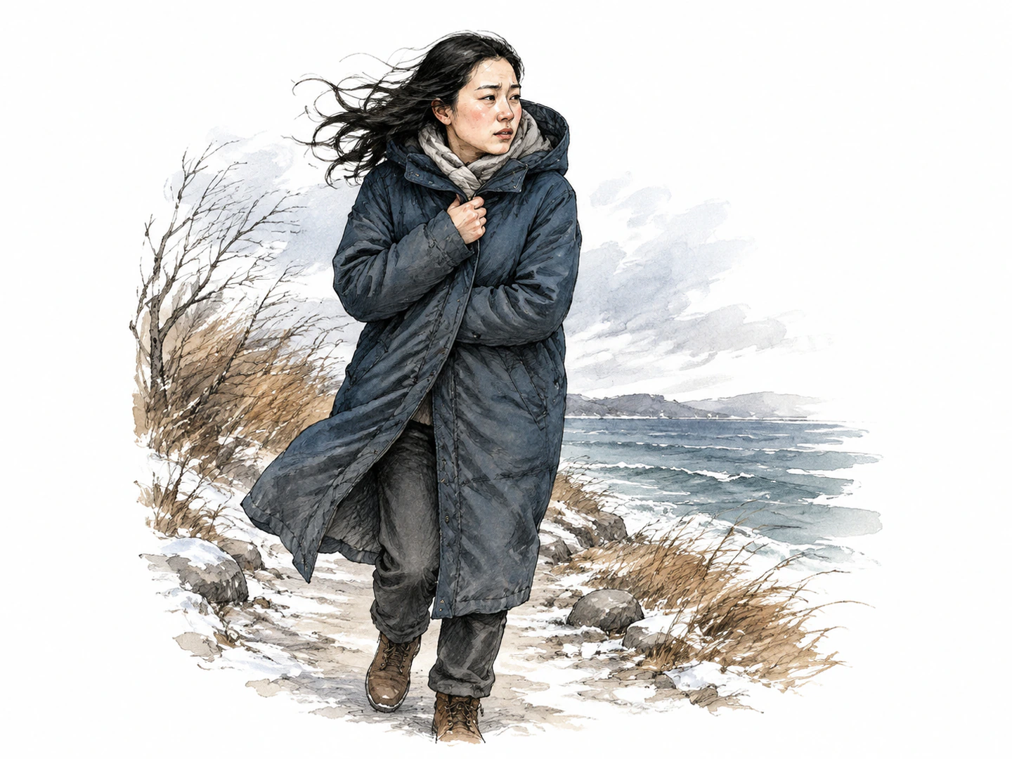 A person steps into cold wind wearing a heavy outer garment wrapped over their clothes for warmth and protection.