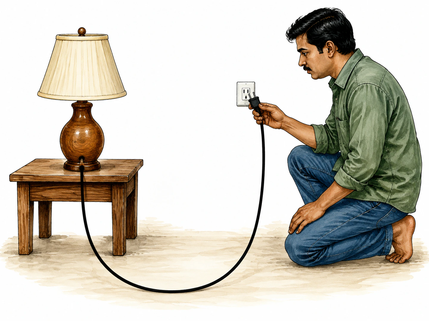 A South Asian man plugs a lamp into a wall outlet; one continuous thin black cord runs from the lamp base in a loose curve across the floor to the plug in his hand.