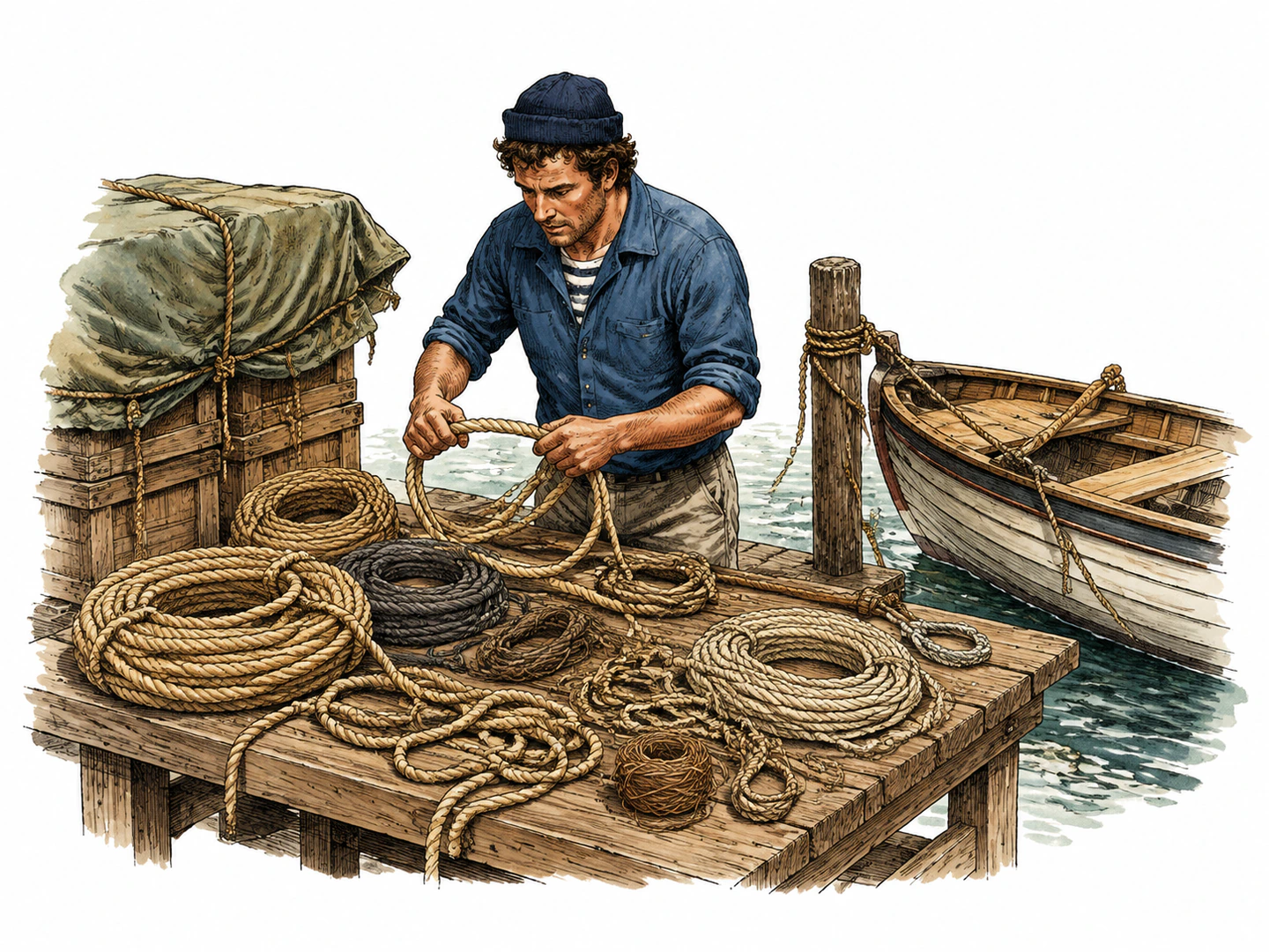 On a workbench, a sailor gathers many coils of rope and cord for tying crates, securing a tarp, and fastening a small boat.
